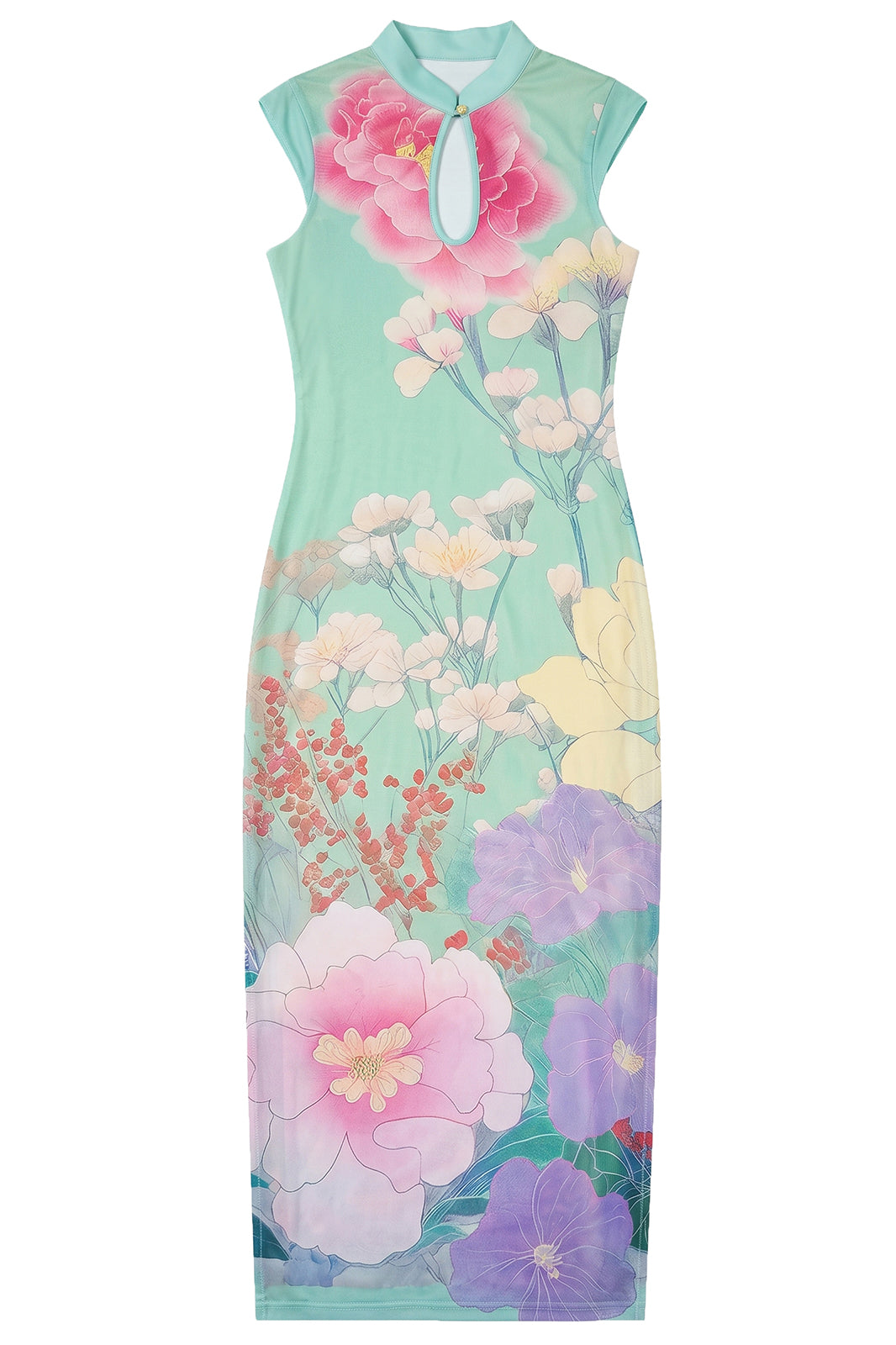 ANNIE ARMOR Peony Print Maxi Qipao Dress