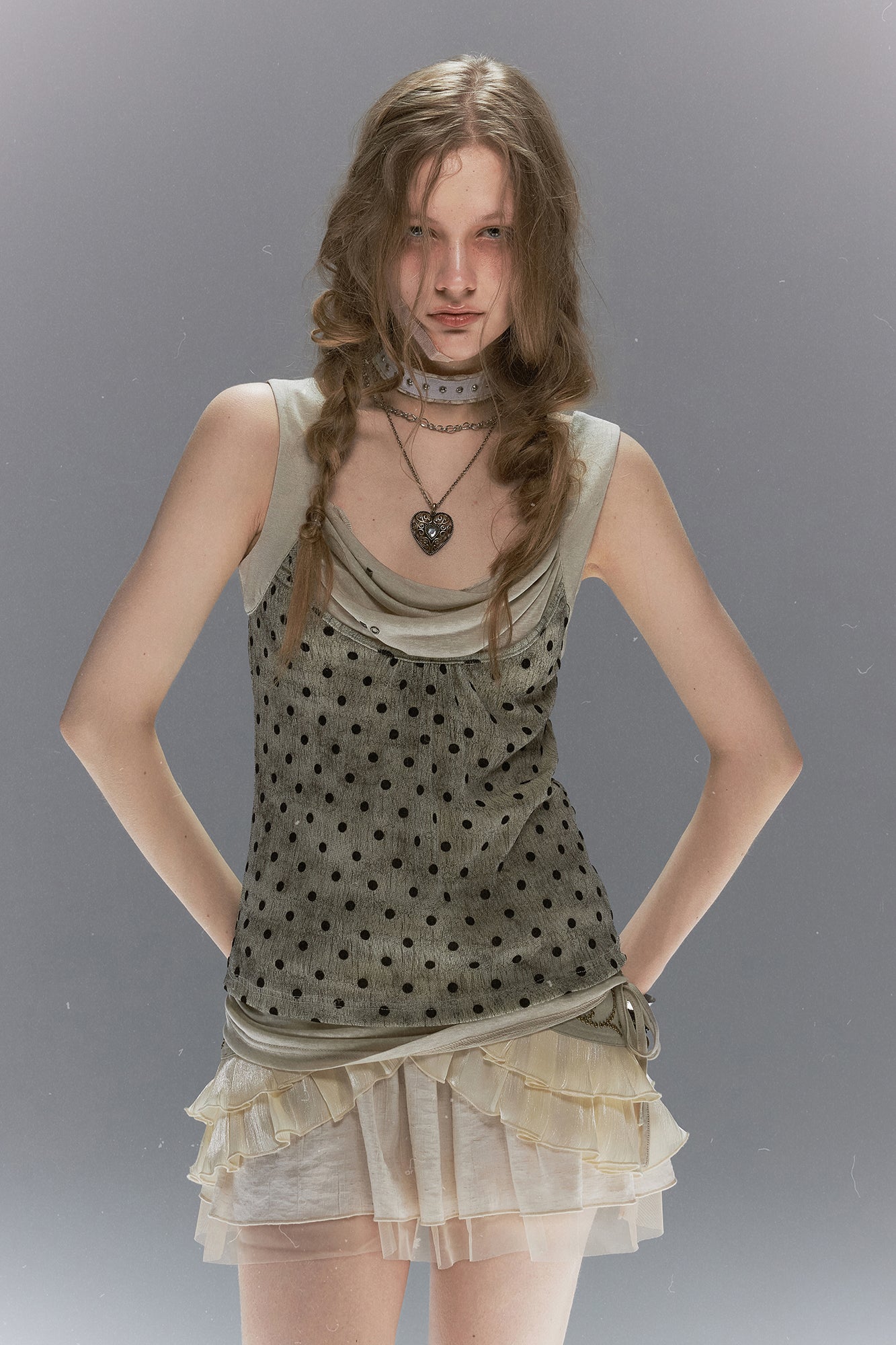 CESTNOUS Polka Dot Spliced Drawstring Tank Top