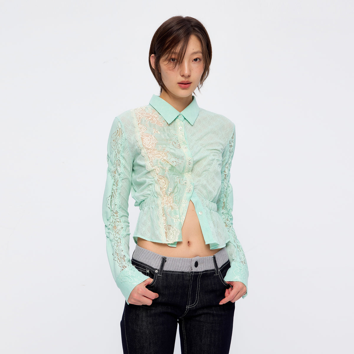 9266 STUDIO Retro Gathered Lace Asymmetrical Shirt