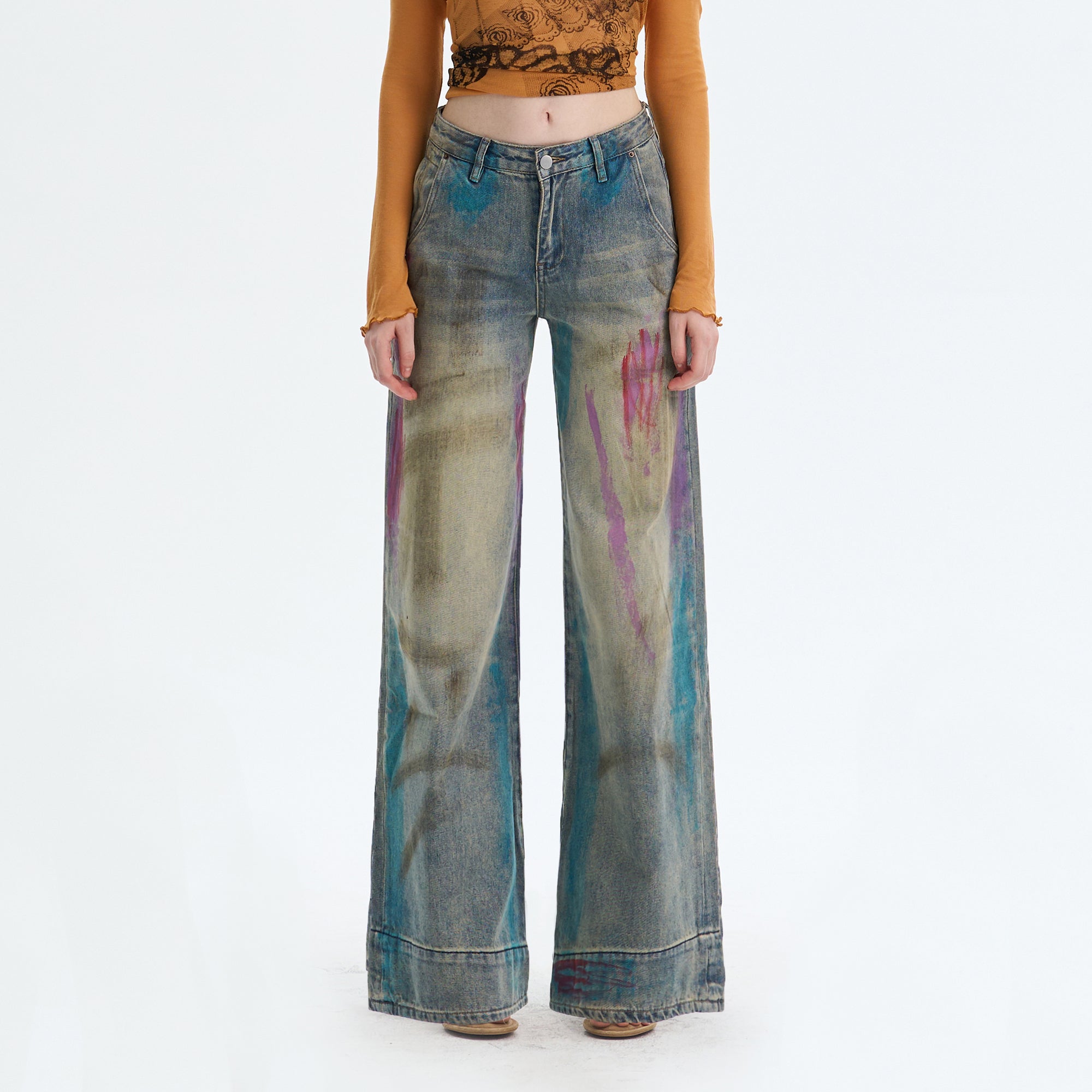 THE NEVERMORE Distressed Graffiti-Wash Wide-Leg Jeans