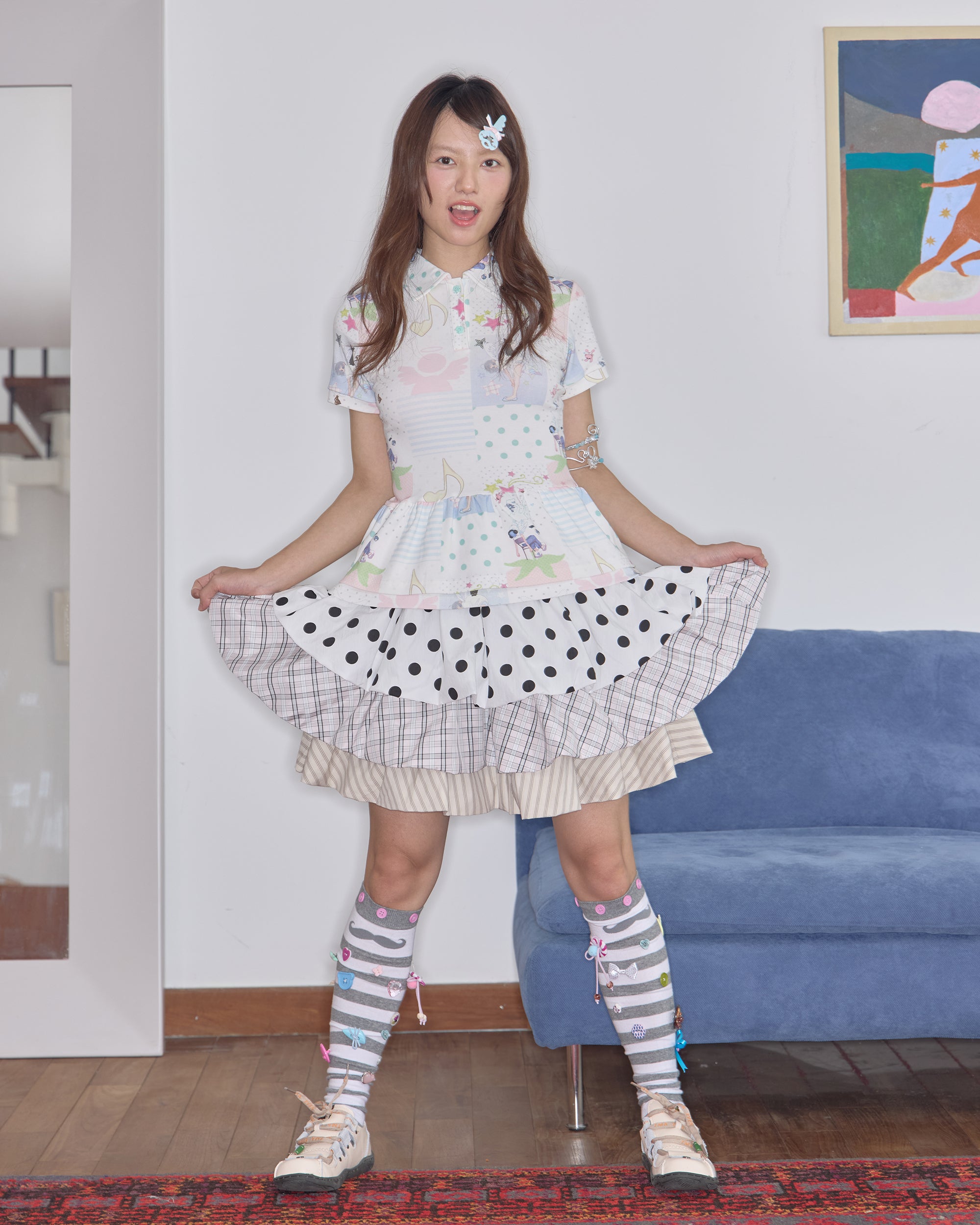 HAVE A MEAL × Congming Retro Patchwork Graphic Peplum Polo Tee