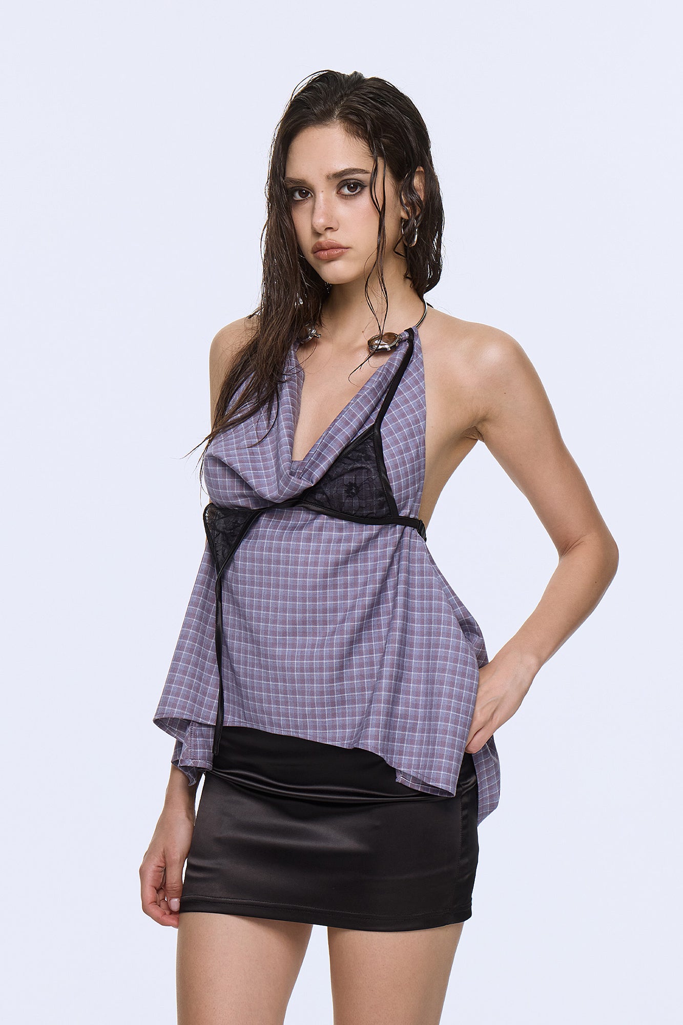 AE30 SAINT Plaid Lace-Panel Halter Top