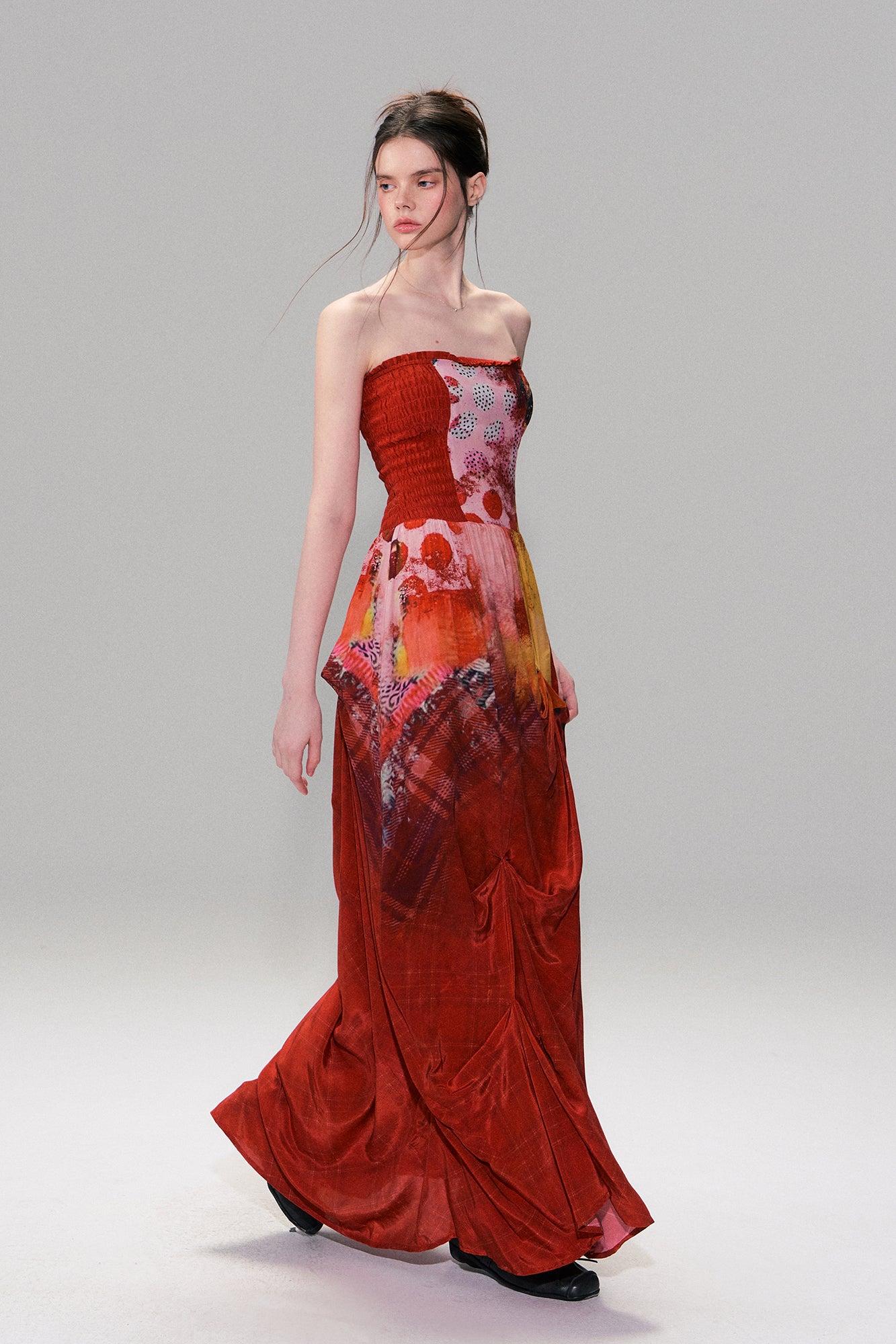 THE NEVERMORE Asymmetric Shirred Spliced Maxi Dress