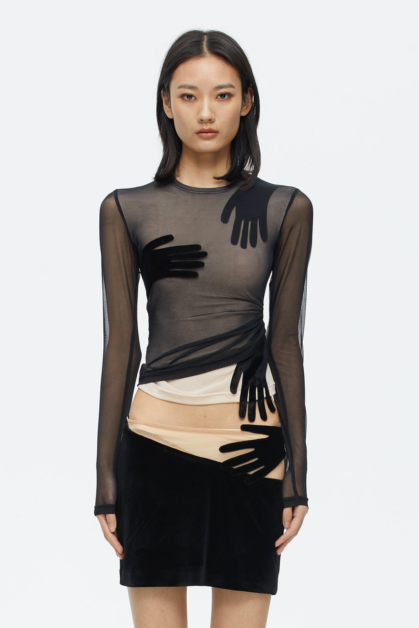 SCARLET SAGE Velvet Hand Detail Mesh Long-Sleeve Tee