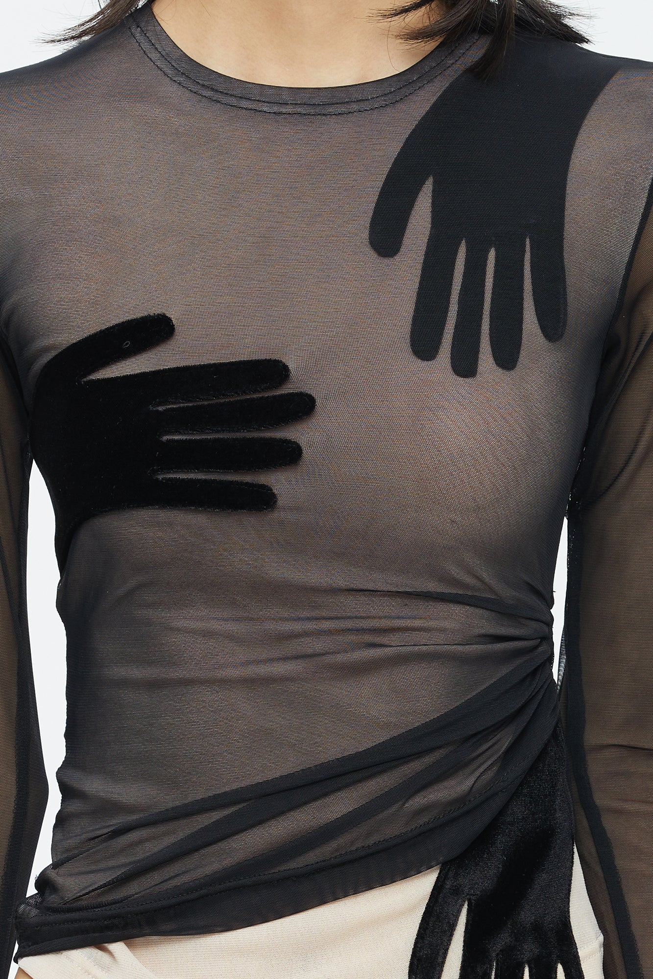 SCARLET SAGE Velvet Hand Detail Mesh Long-Sleeve Tee