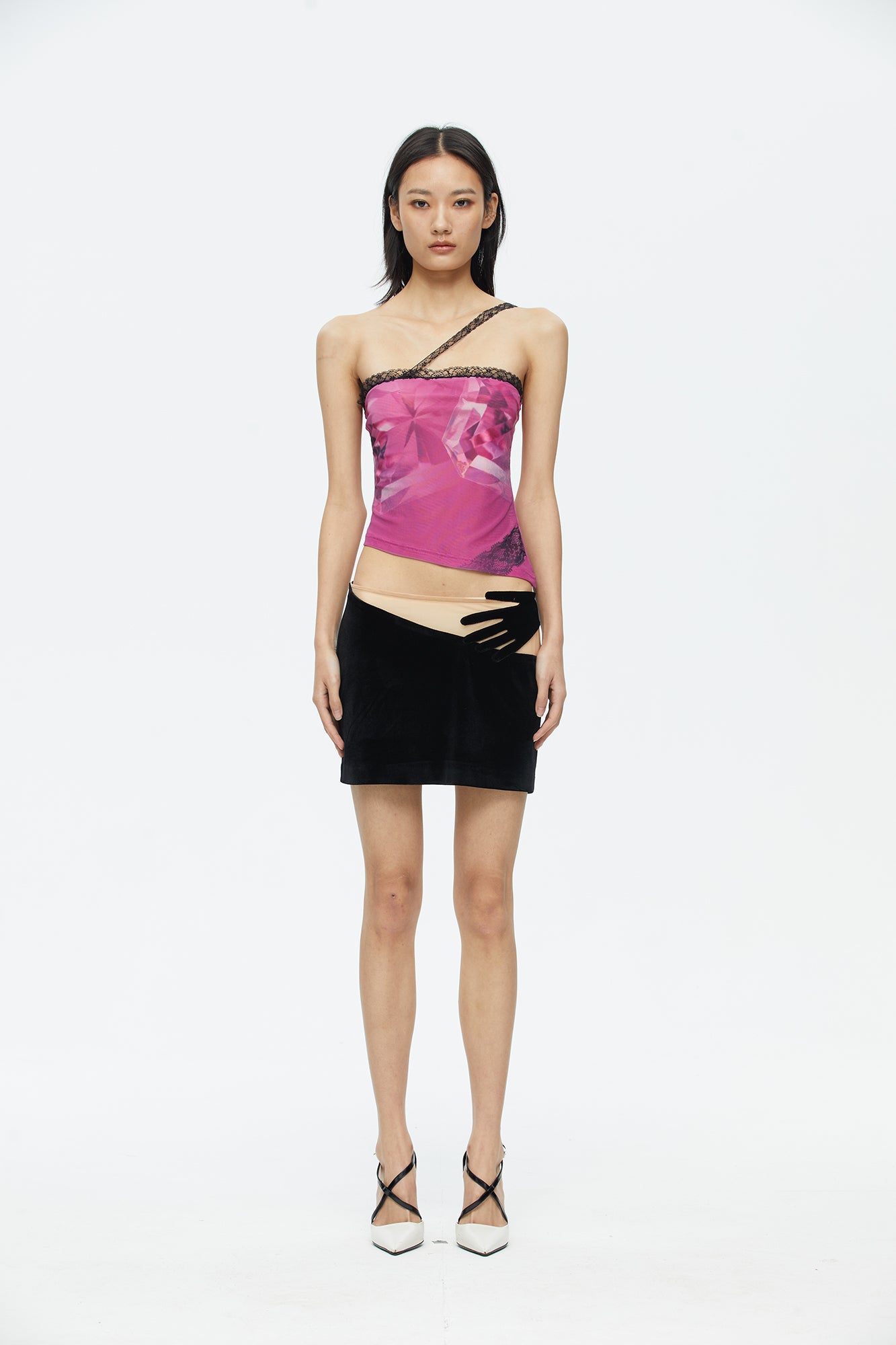 SCARLET SAGE Velvet Hand Detail Mini Skirt