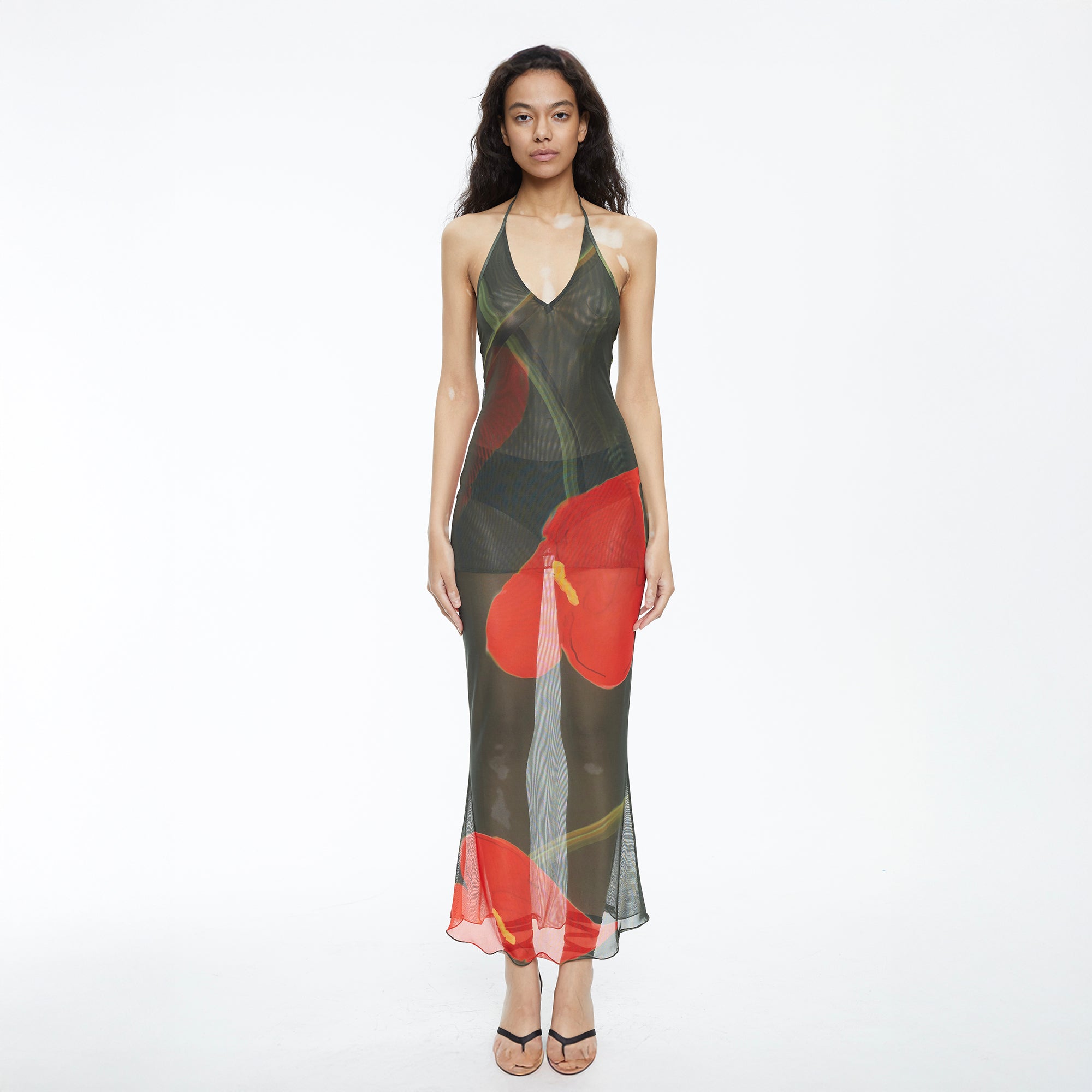 SCARLET SAGE Floral Mesh Halter Backless Fitted Dress