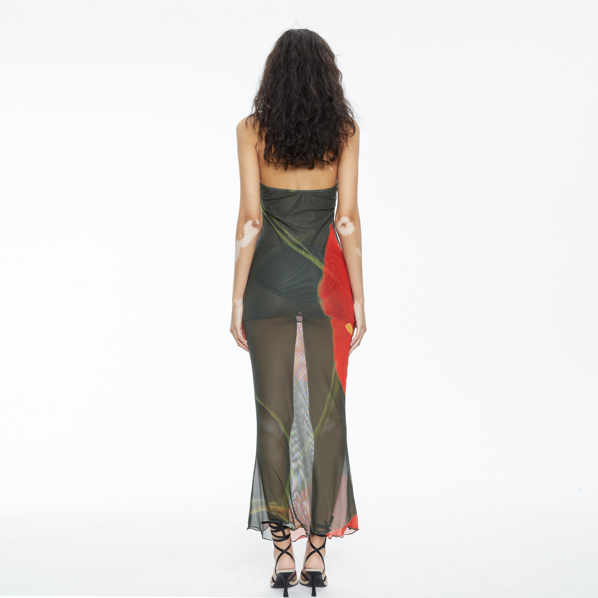 SCARLET SAGE Floral Mesh Halter Backless Fitted Dress