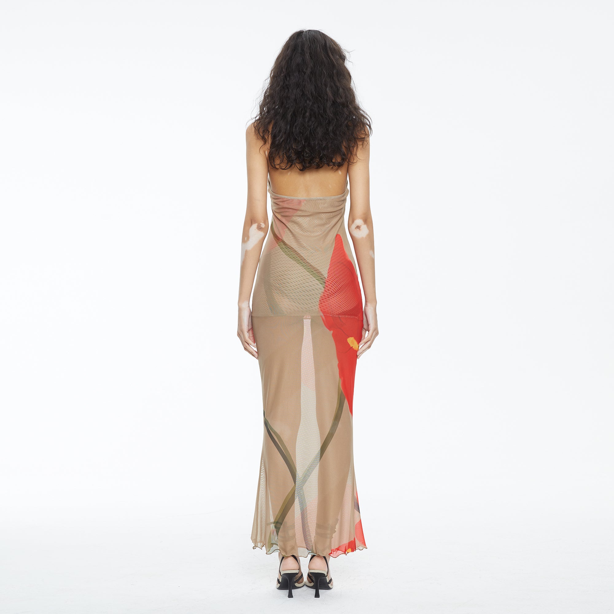 SCARLET SAGE Floral Mesh Halter Backless Fitted Dress