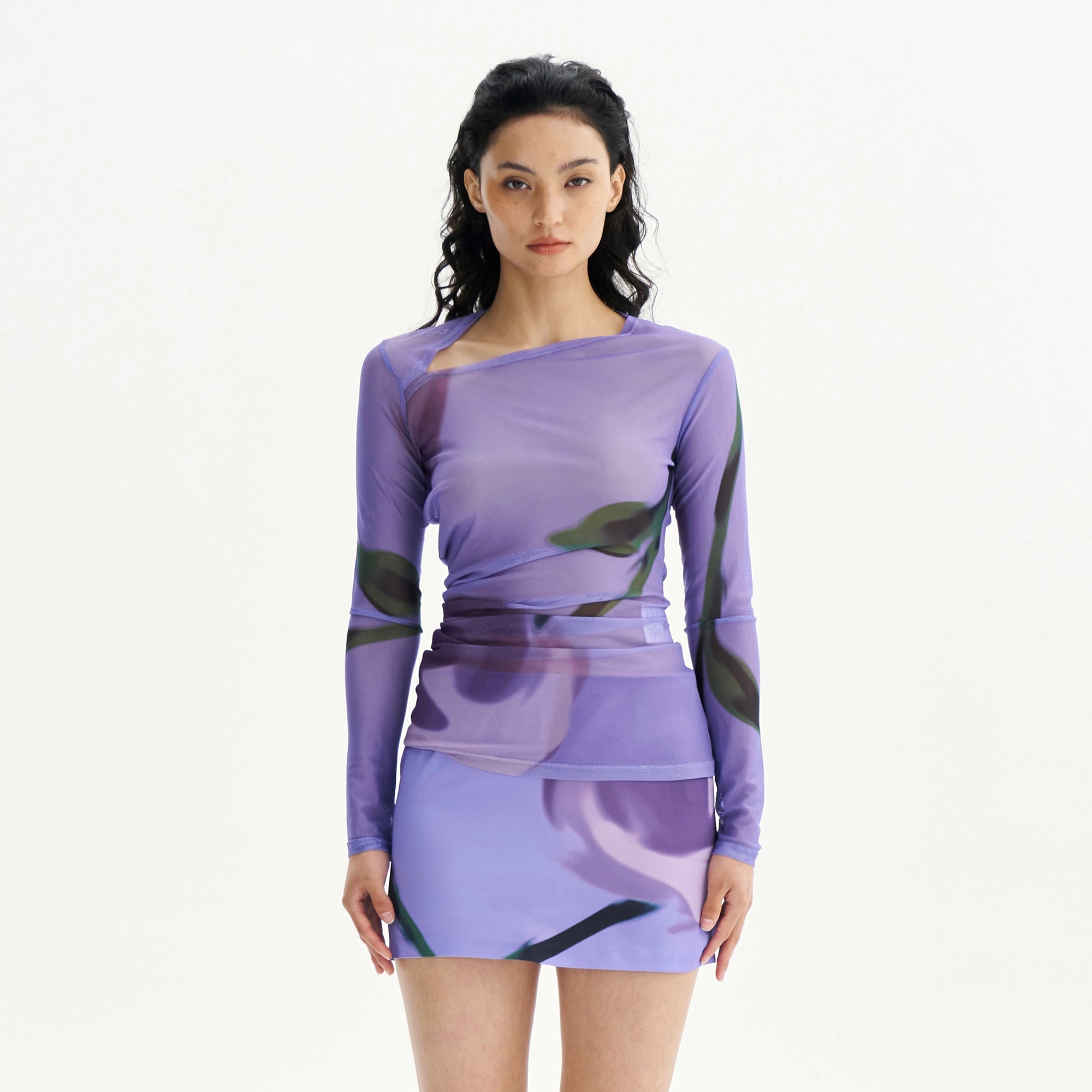 SCARLET SAGE Asymmetrical Floral Full-Print Mesh Top & Mini Skirt Set