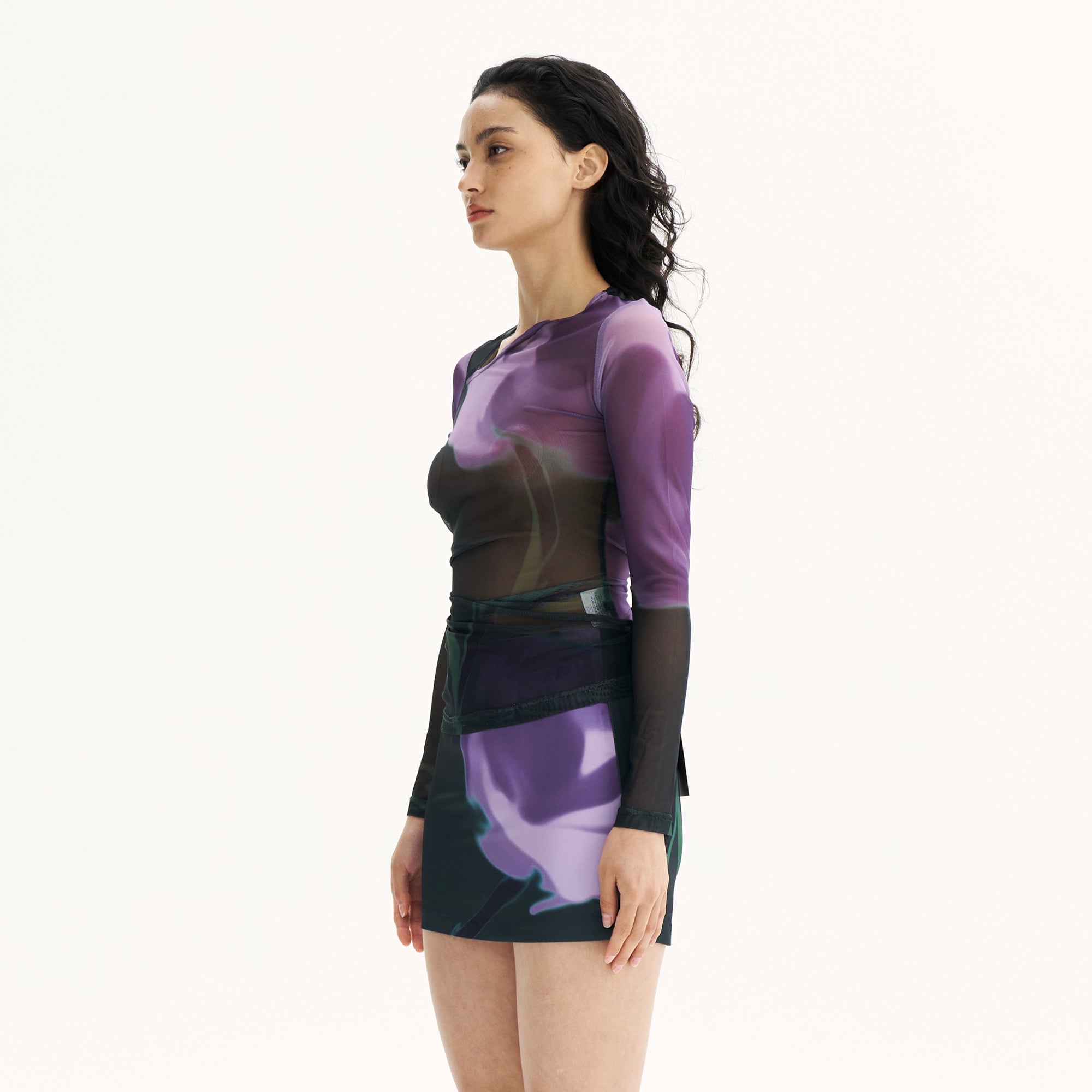 SCARLET SAGE Asymmetrical Floral Full-Print Mesh Top & Mini Skirt Set