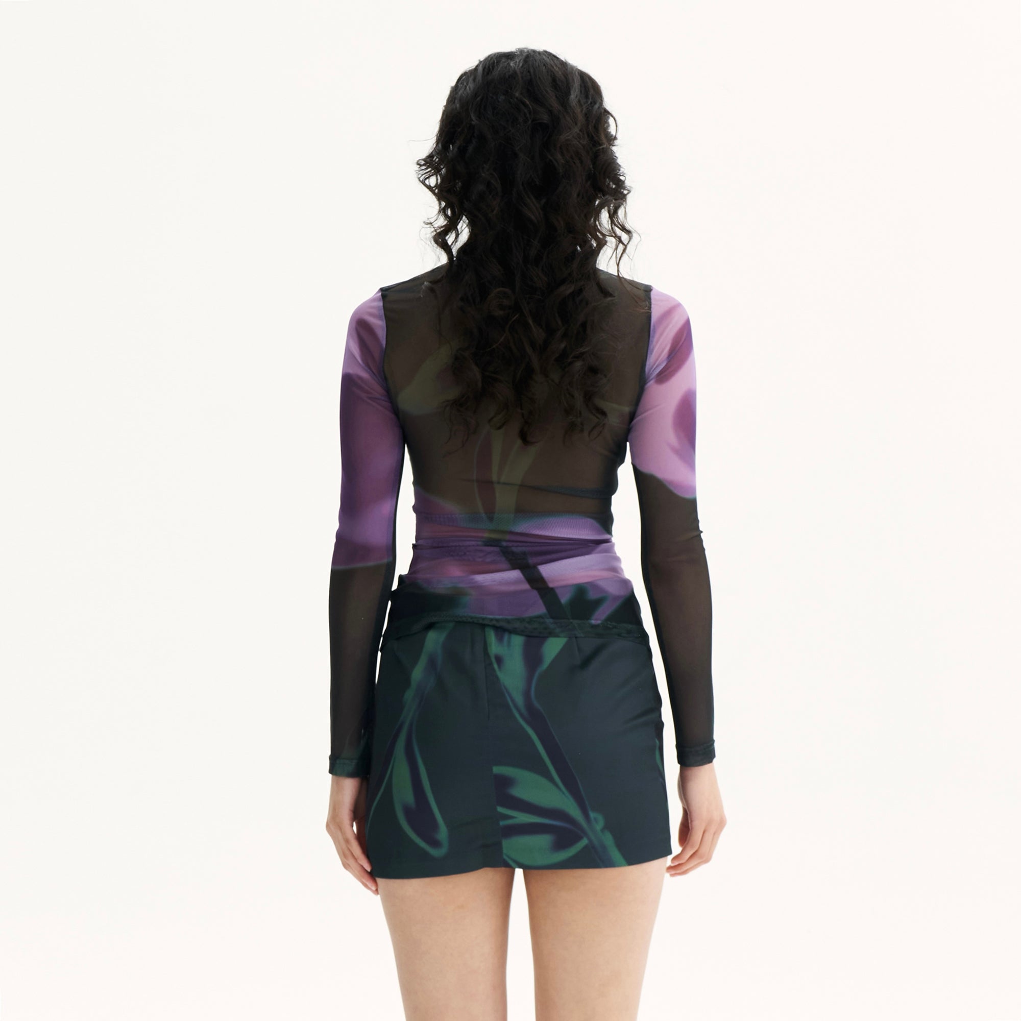 SCARLET SAGE Asymmetrical Floral Full-Print Mesh Top & Mini Skirt Set