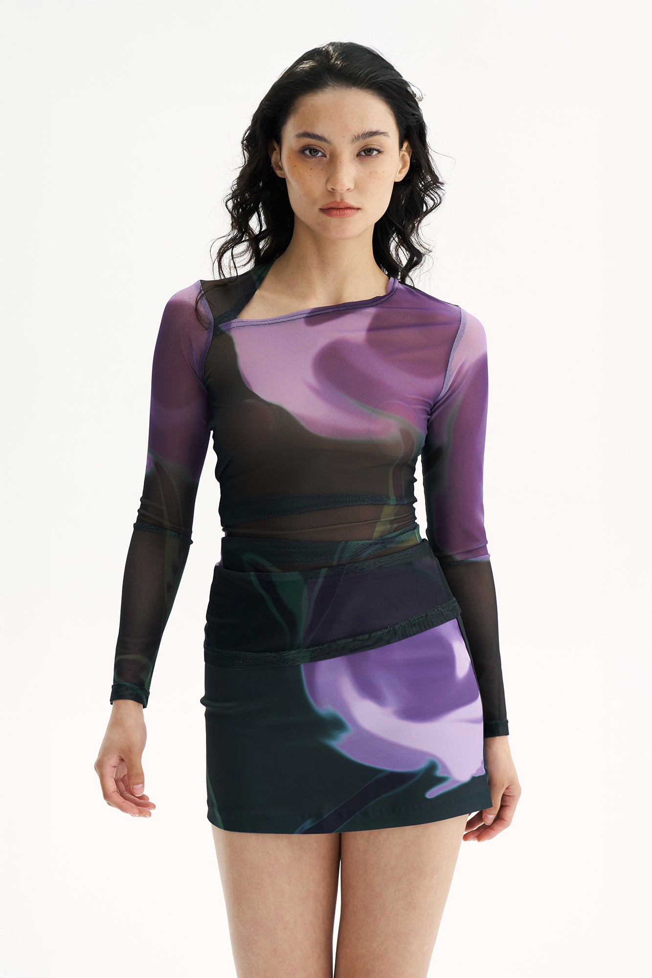 SCARLET SAGE Asymmetrical Floral Full-Print Mesh Top & Mini Skirt Set