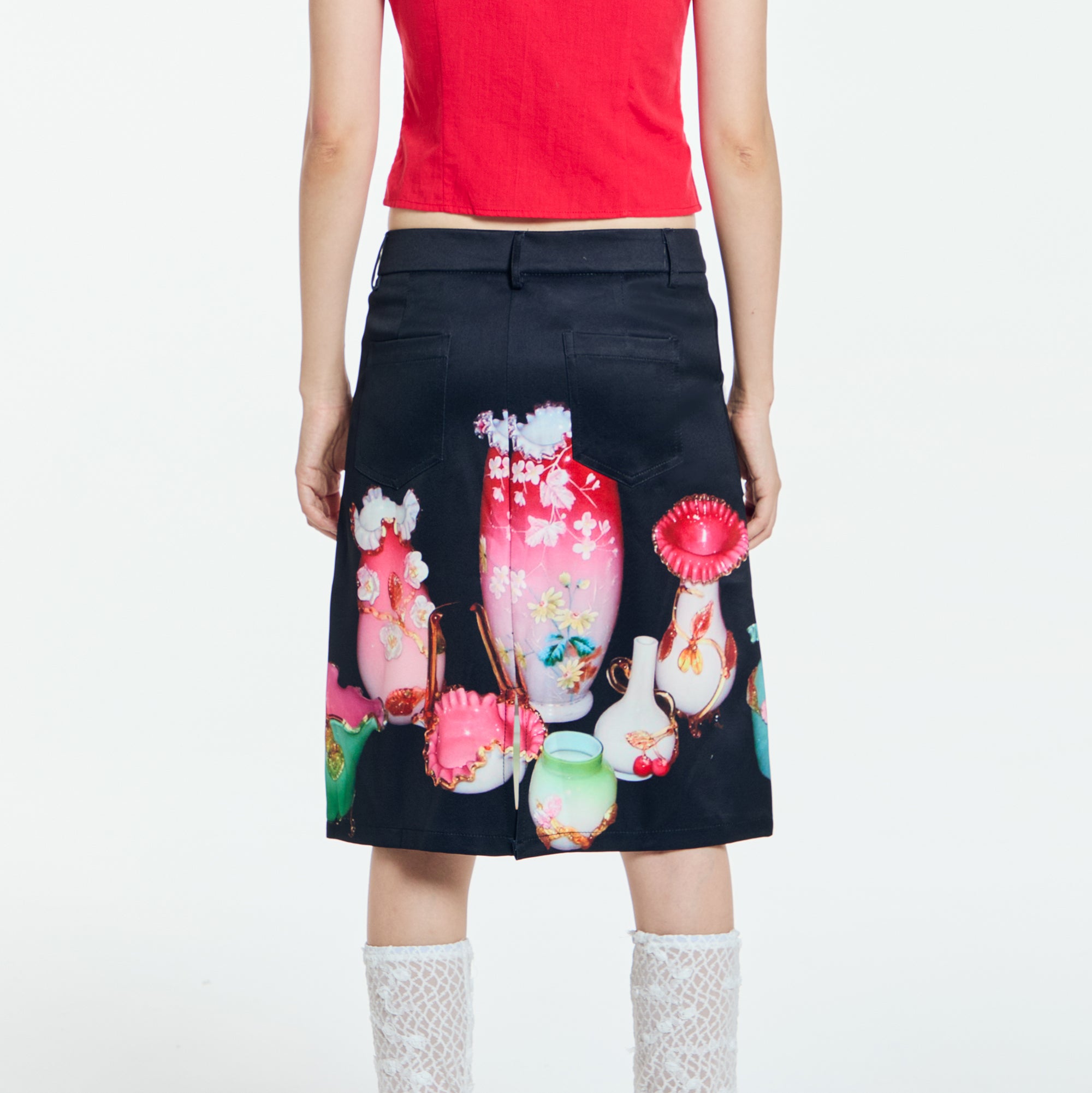 HAVEAMEAL Full-Print Retro Vase Straight Skirt
