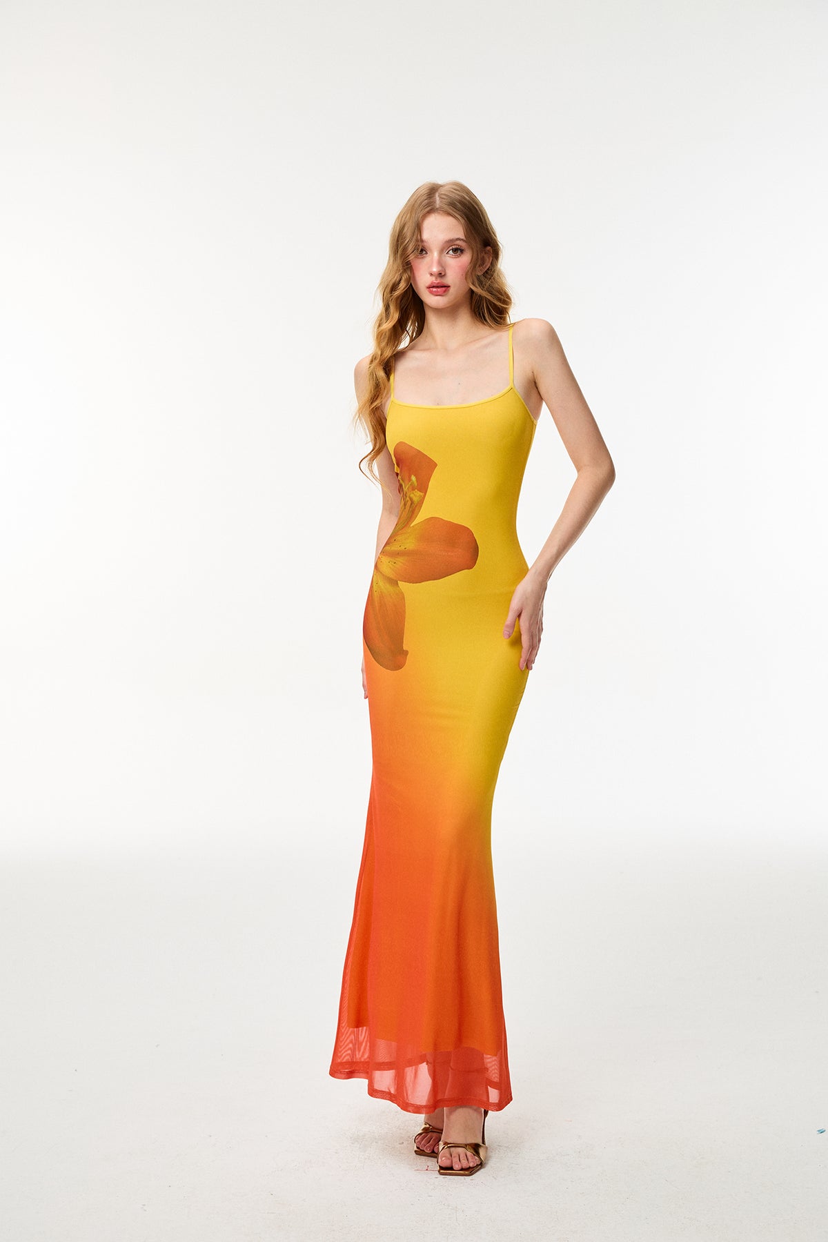 HIIMDAI Floral Gradient Ruched Mermaid Dress