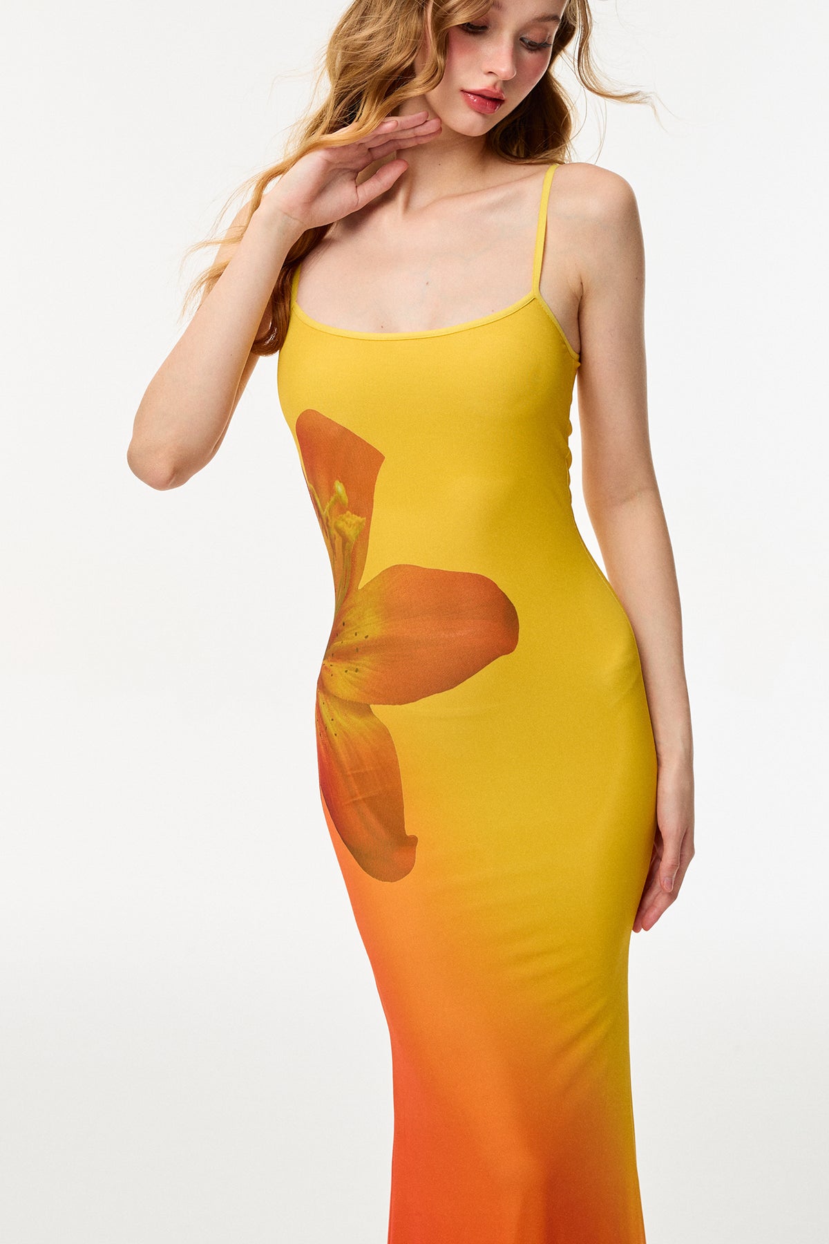 HIIMDAI Floral Gradient Ruched Mermaid Dress