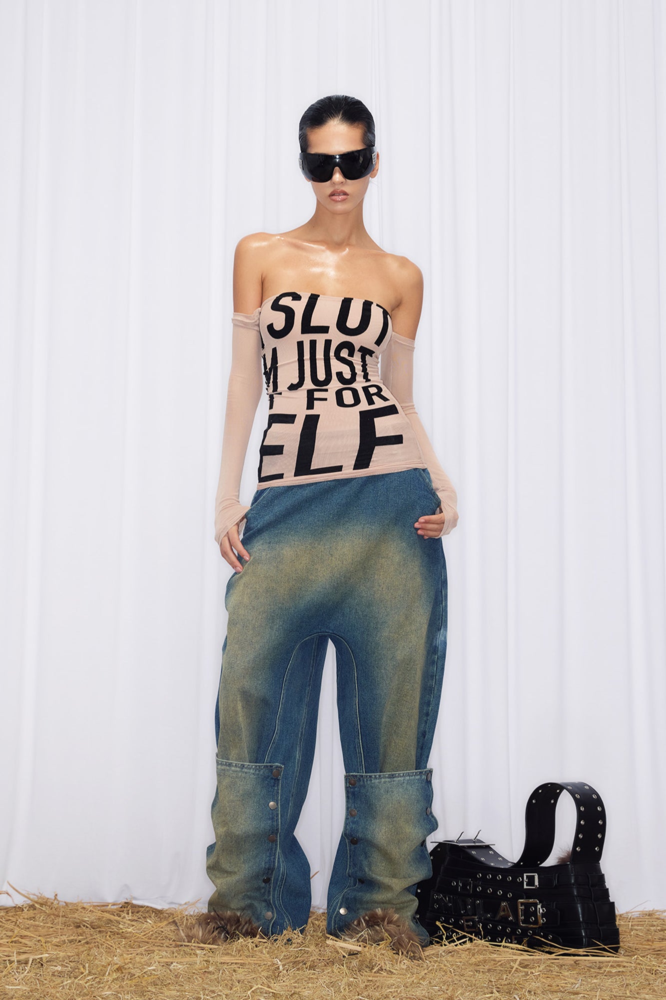 NEVER OFFEND L ANGEL Slogan Full-Print Strapless Mesh-Sleeve Mini Dress