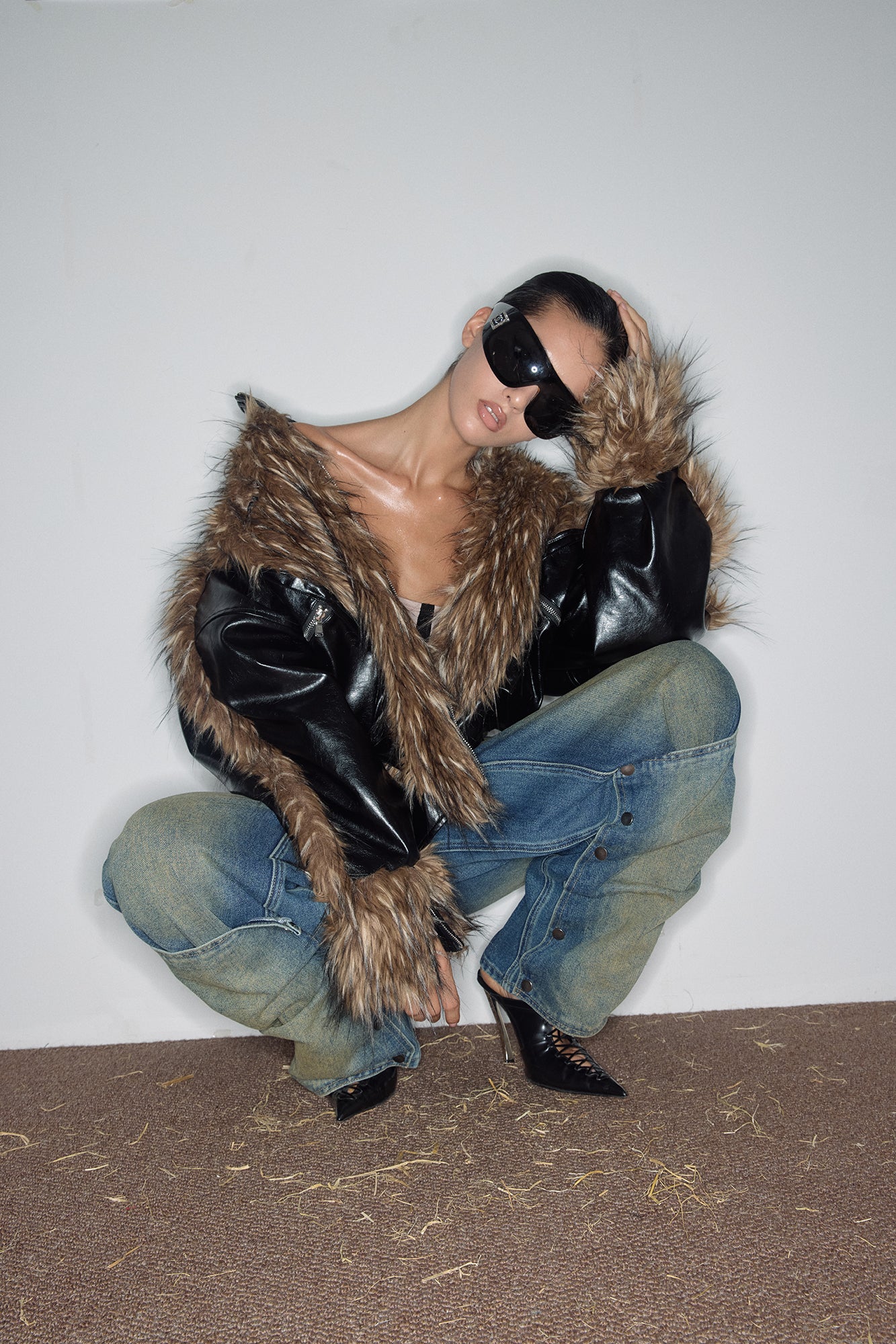 NEVER OFFEND L ANGEL Paneled Faux-Leather & Shag Fur Jacket