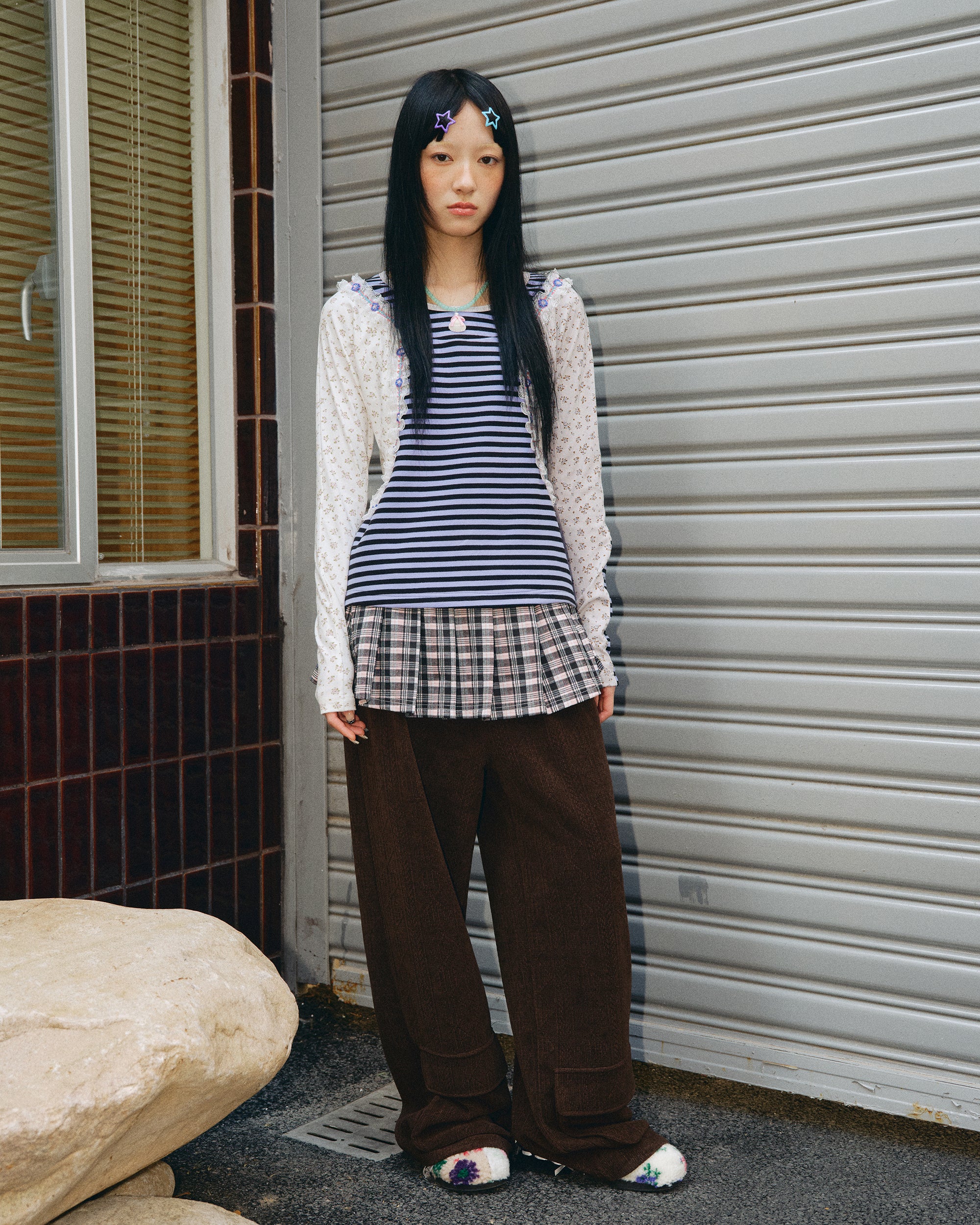 HAVEAMEAL Stripe Floral Lace Spliced Long-Sleeve Tee