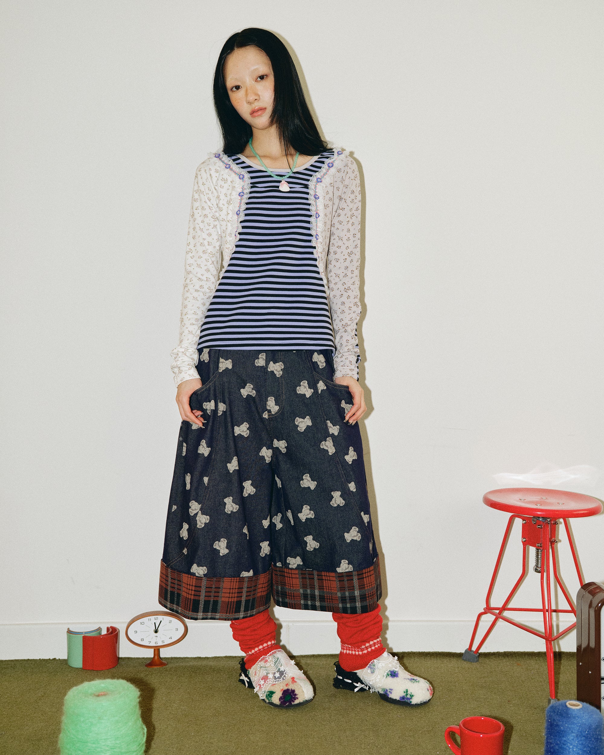 HAVEAMEAL Stripe Floral Lace Spliced Long-Sleeve Tee