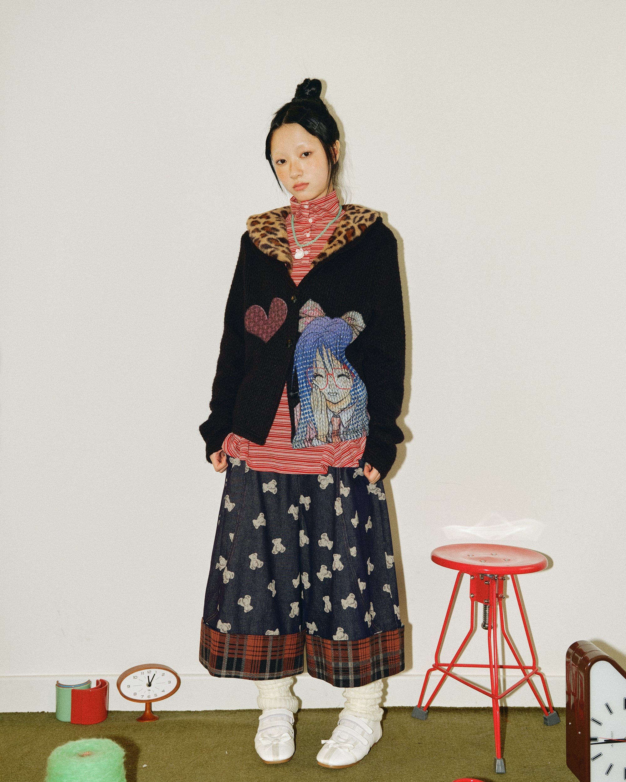 HAVE A MEAL Retro Graphic Leopard Collar Cardigan