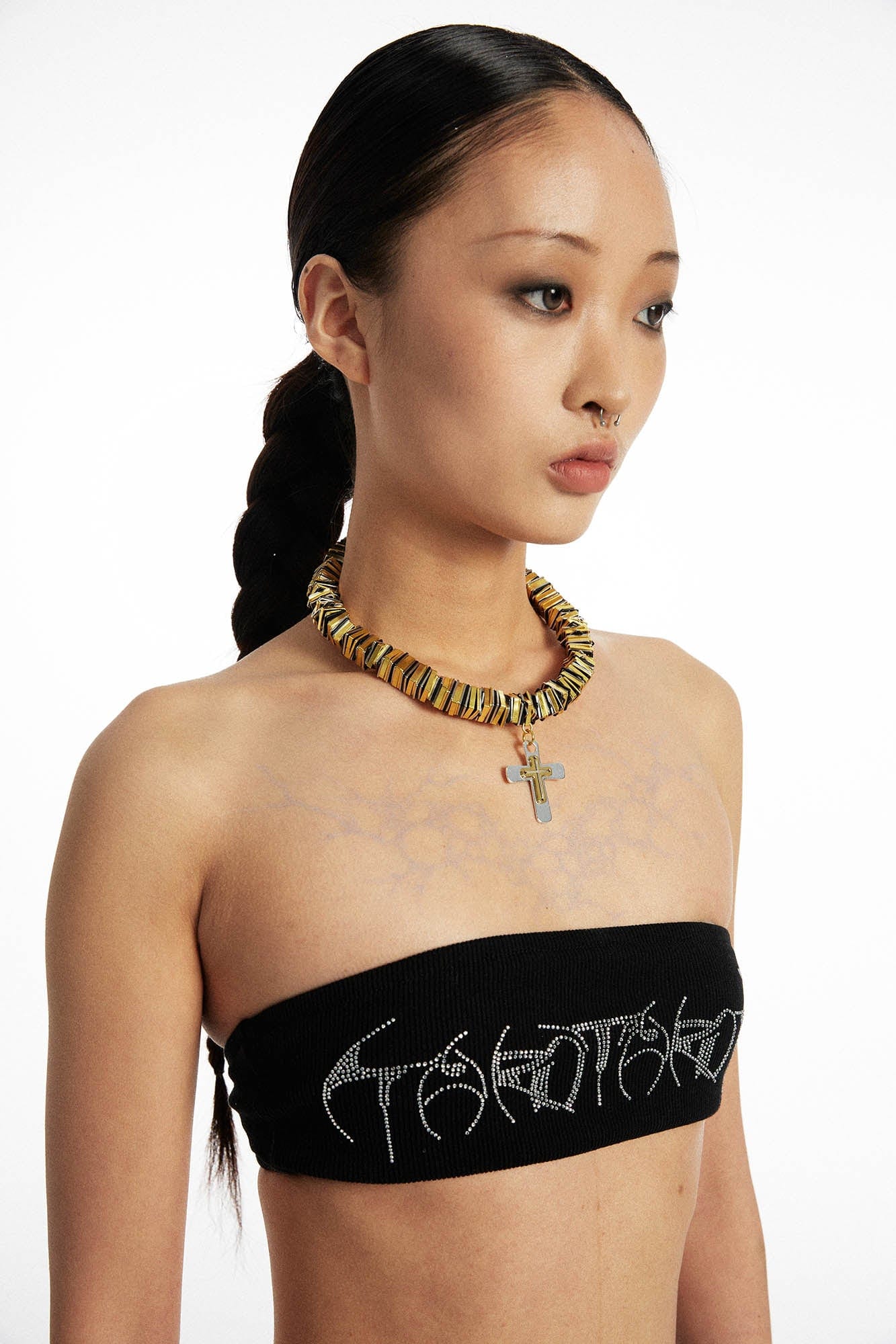 SCHWARZGOLD Two-Tone Threaded Cross Necklace, premium urban and streetwear designers apparel on PROJECTISR.com, SCHWARZGOLD