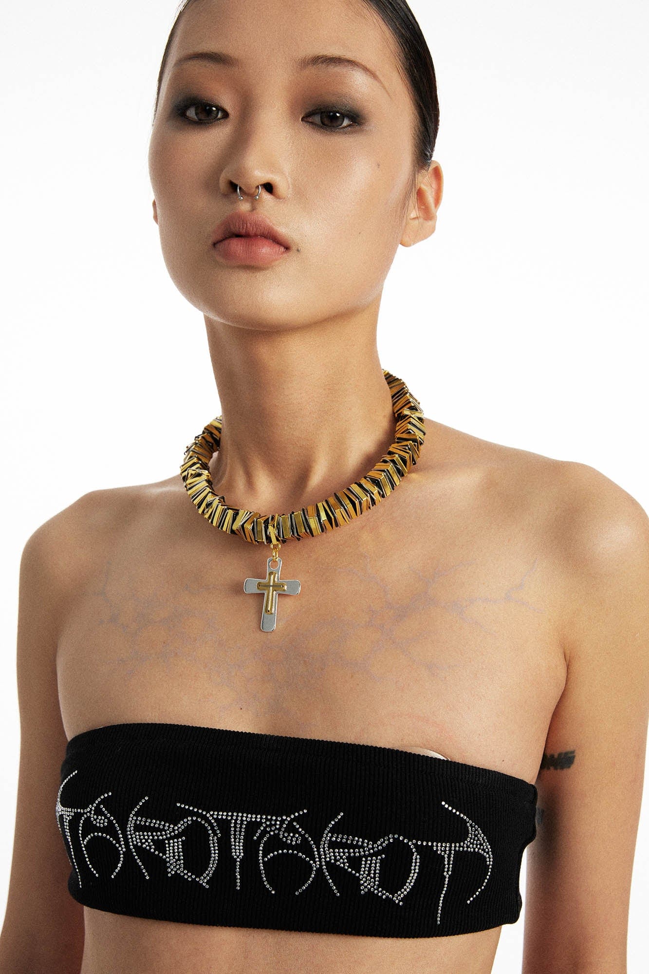 SCHWARZGOLD Two-Tone Threaded Cross Necklace, premium urban and streetwear designers apparel on PROJECTISR.com, SCHWARZGOLD