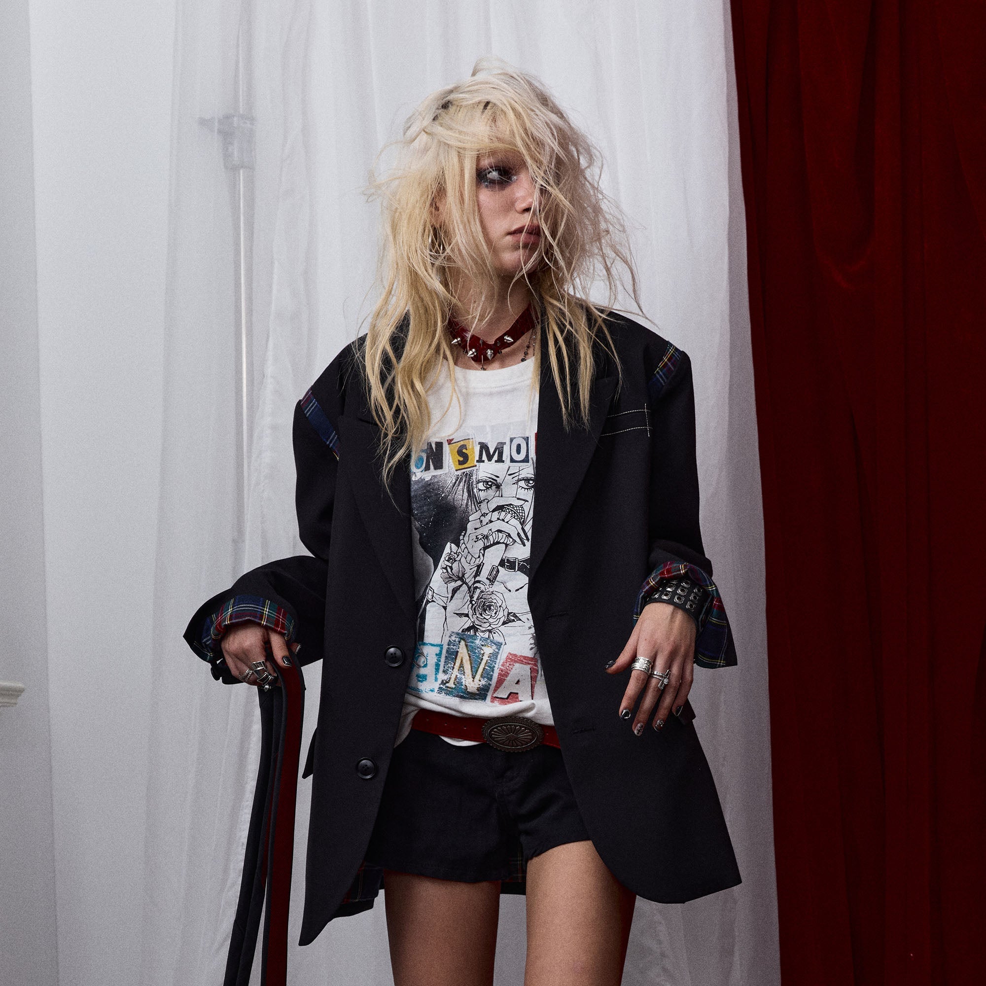 DONSMOKE × NANA Plaid Panel Graphic Oversized Blazer