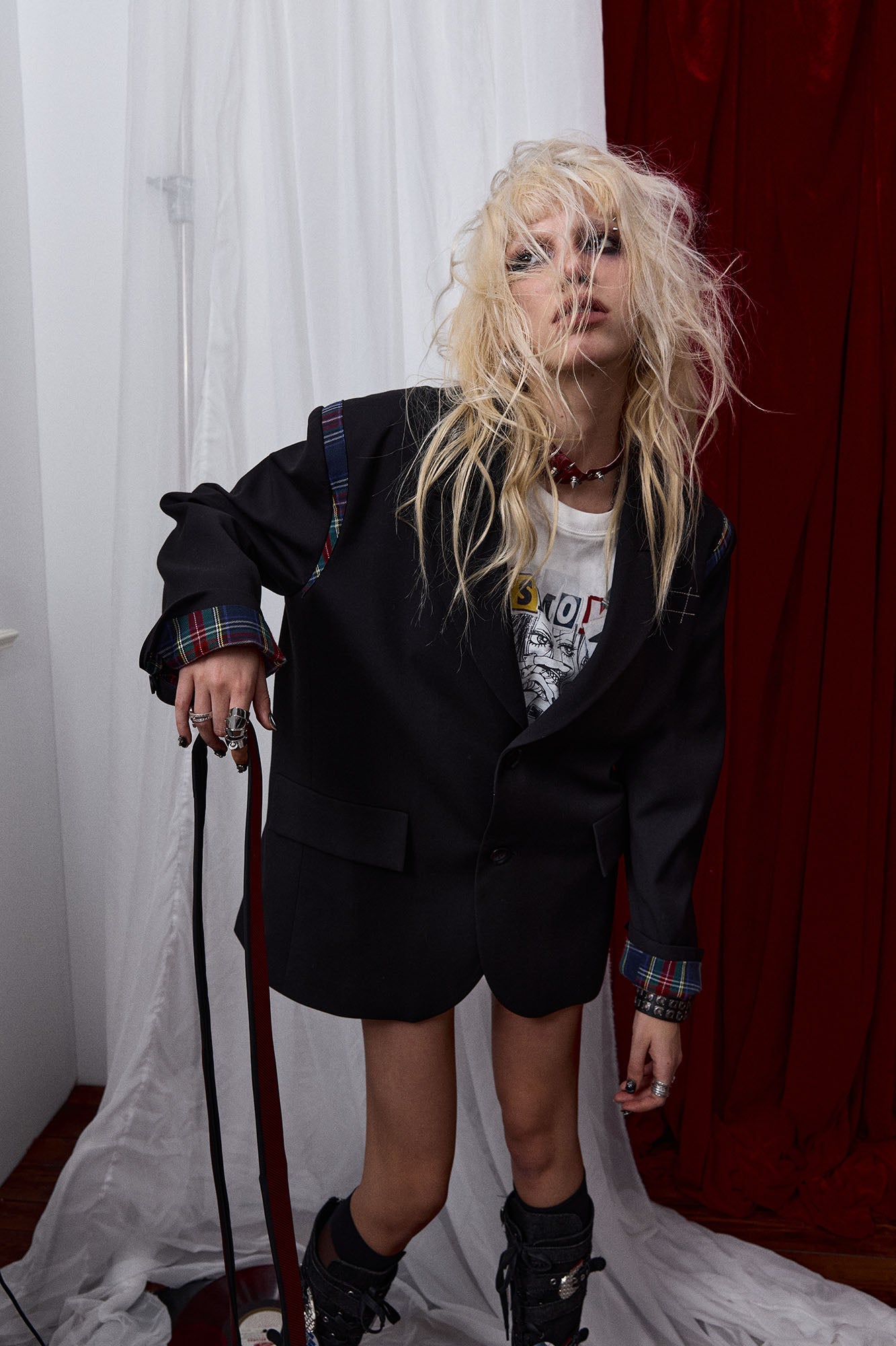 DONSMOKE × NANA Plaid Panel Graphic Oversized Blazer