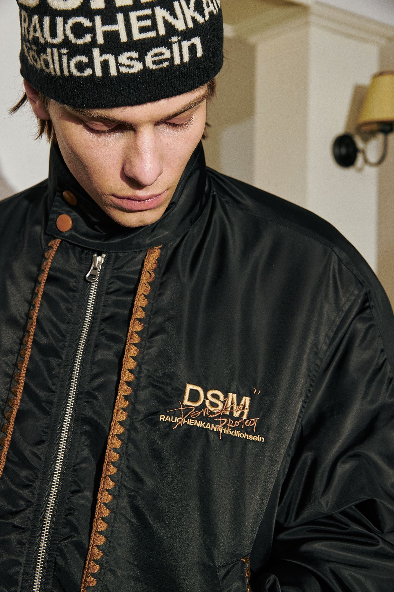 DONSMOKE Glossy Contrast Whipstitch Bomber Jacket