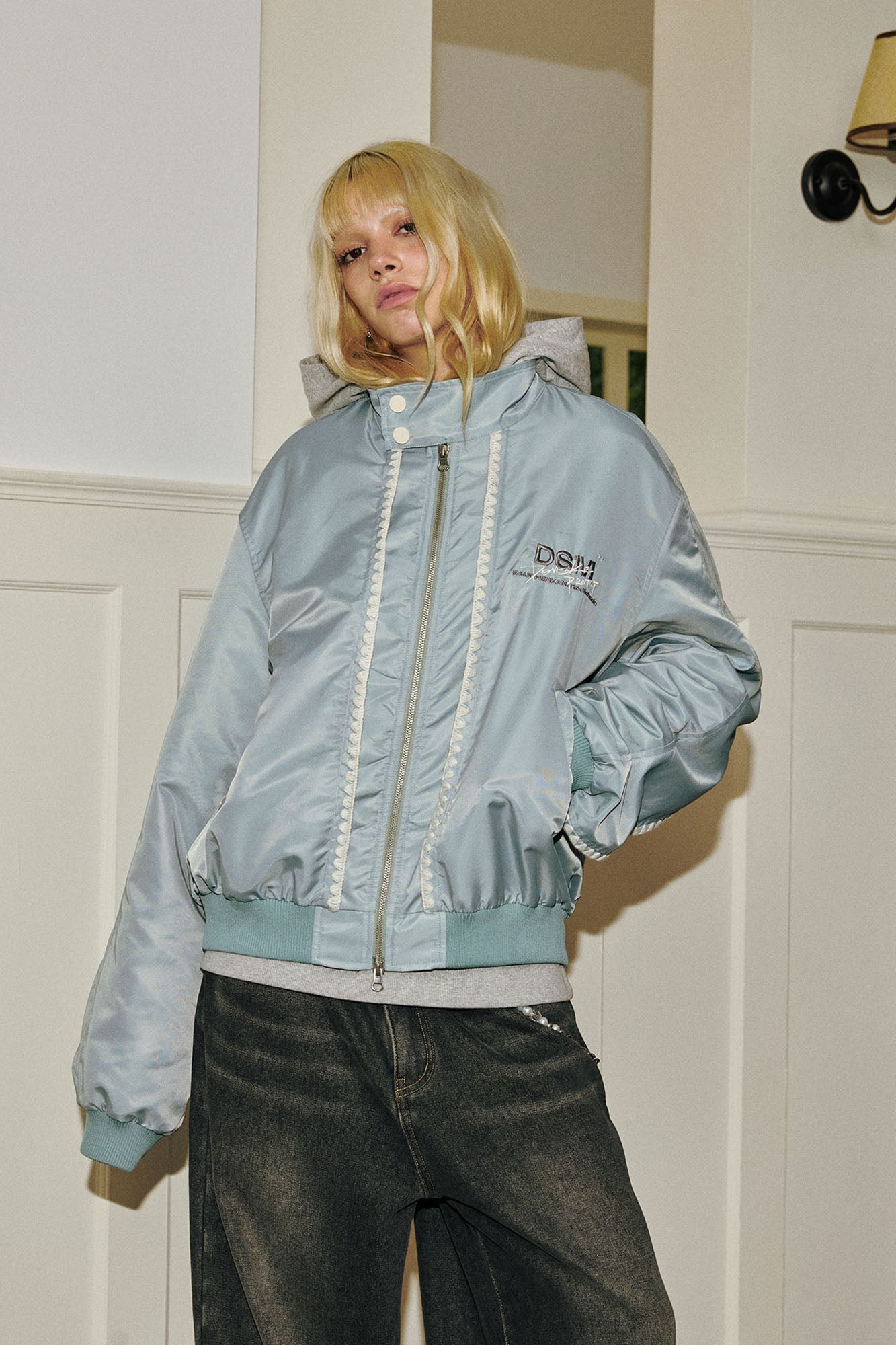 DONSMOKE Glossy Contrast Whipstitch Bomber Jacket