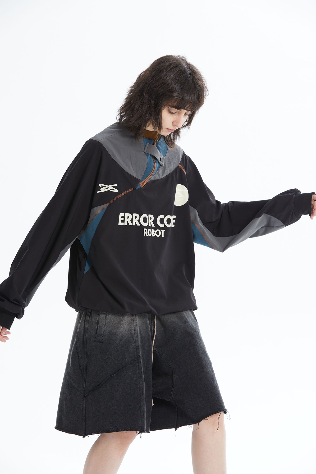 ERROR CODE ROBOT Asymmetric Zip Contrast Panel Sweatshirt