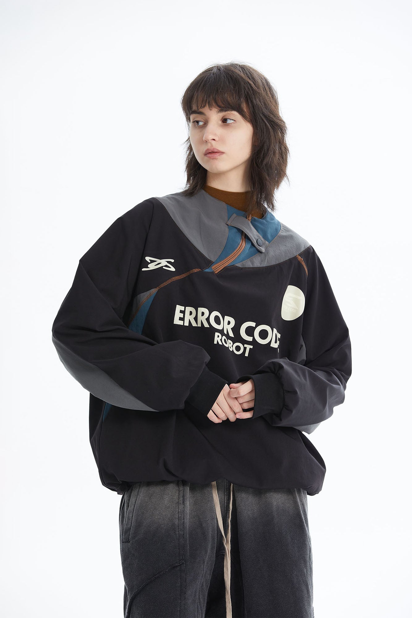 ERROR CODE ROBOT Asymmetric Zip Contrast Panel Sweatshirt