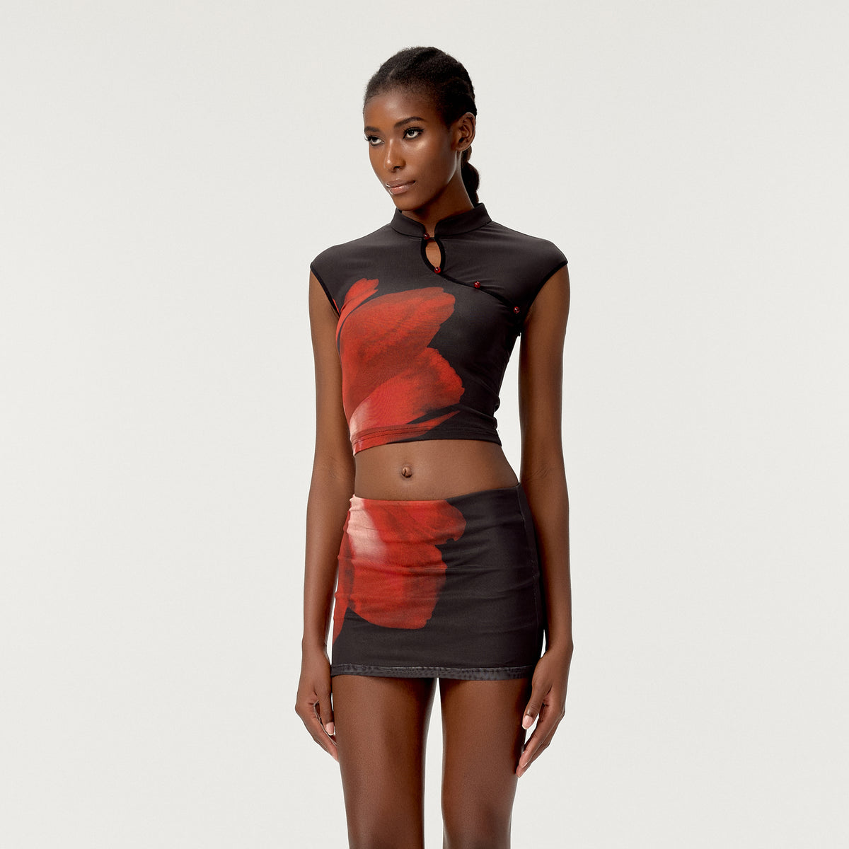 HIIMDAI Asymmetrical Floral Keyhole Top & Mini Skirt Set