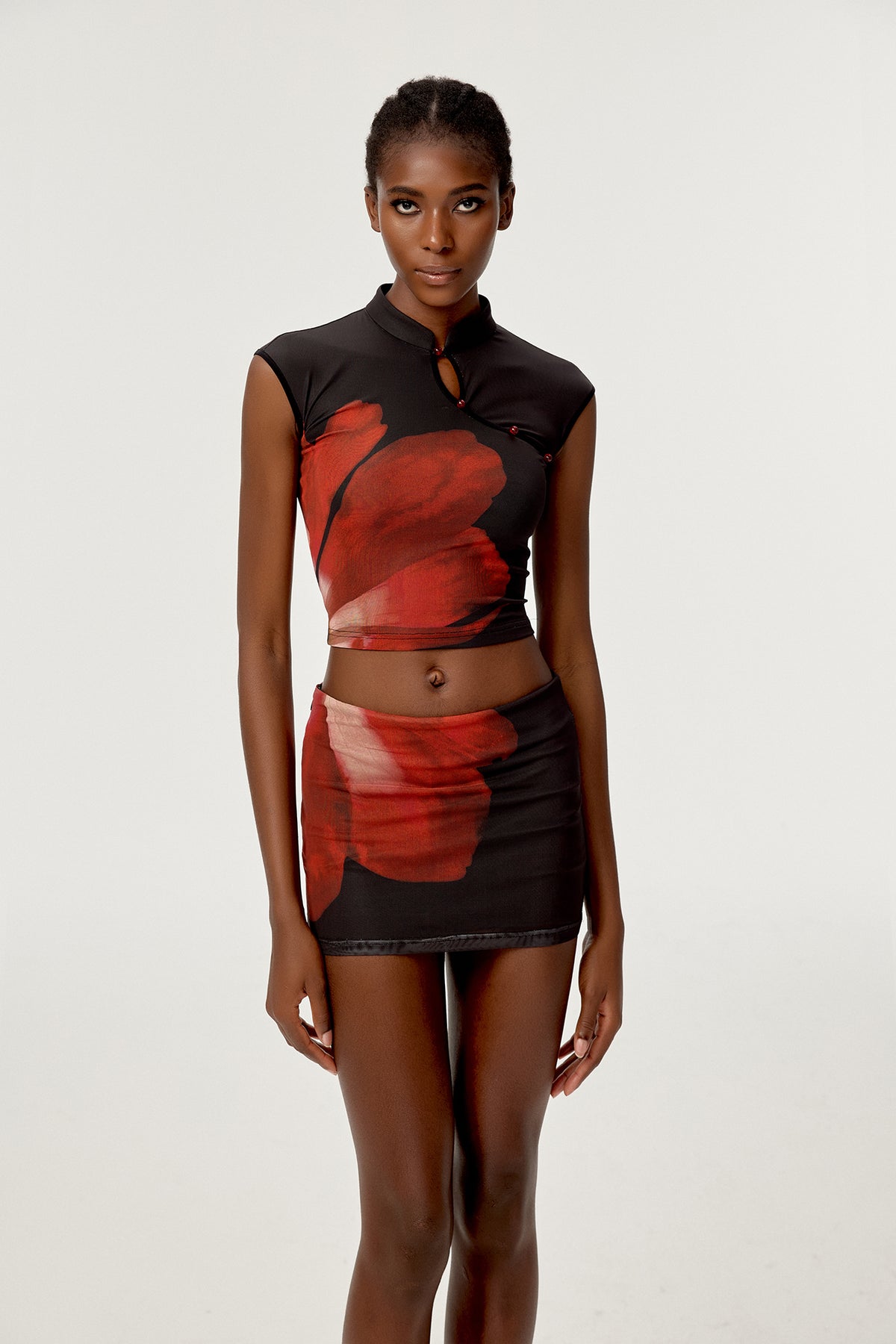 HIIMDAI Asymmetrical Floral Keyhole Top & Mini Skirt Set