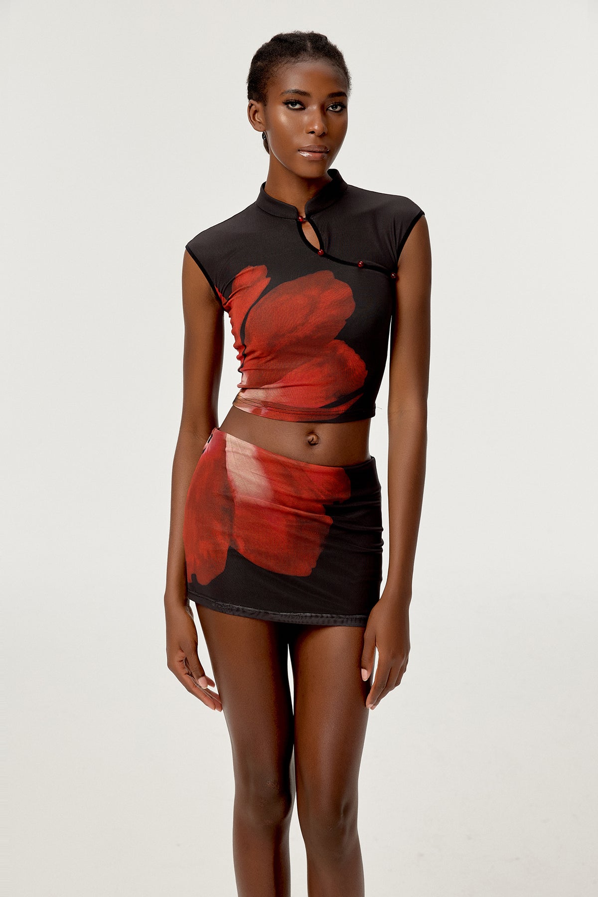 HIIMDAI Asymmetrical Floral Keyhole Top & Mini Skirt Set