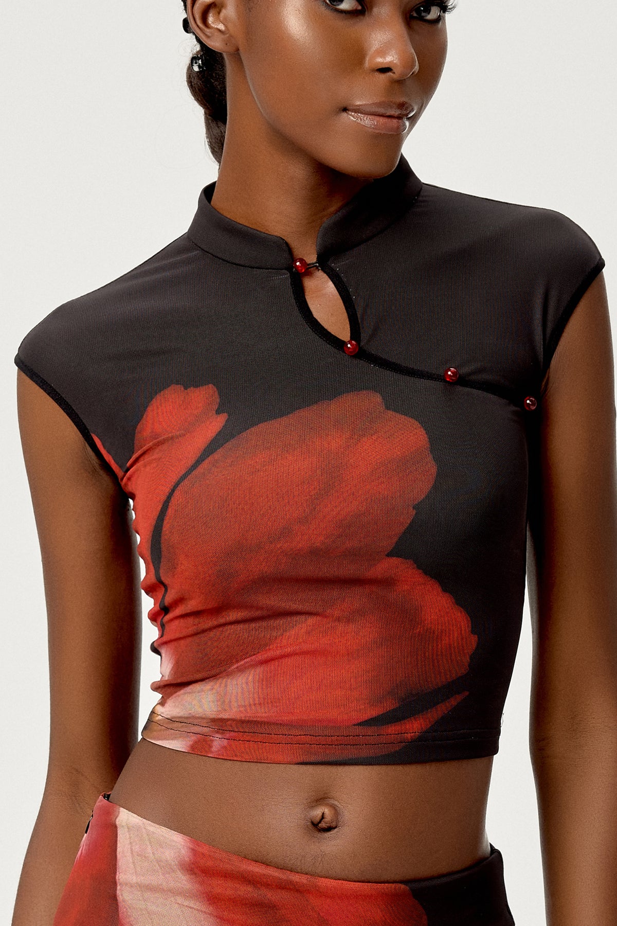HIIMDAI Asymmetrical Floral Keyhole Top & Mini Skirt Set