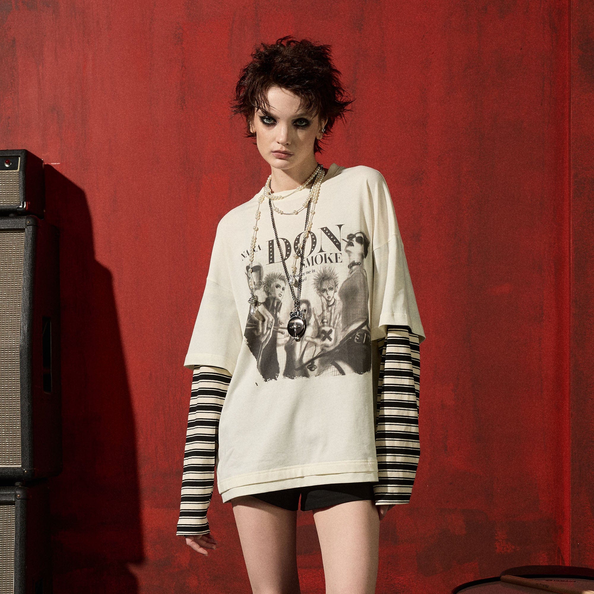 DONSMOKE×NANA Punk Striped Layered Long-Sleeve Tee