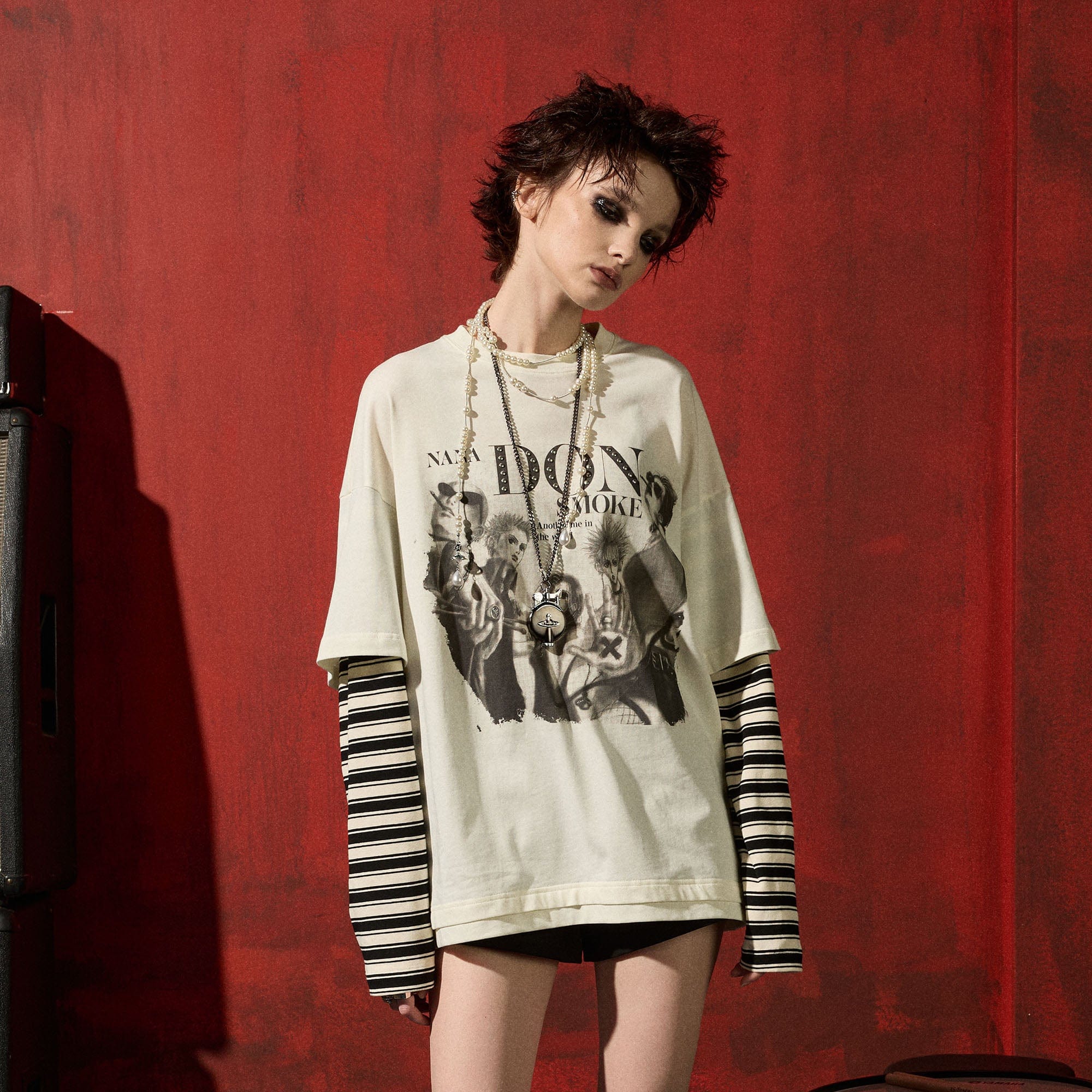 DONSMOKE×NANA Punk Striped Layered Long-Sleeve Tee