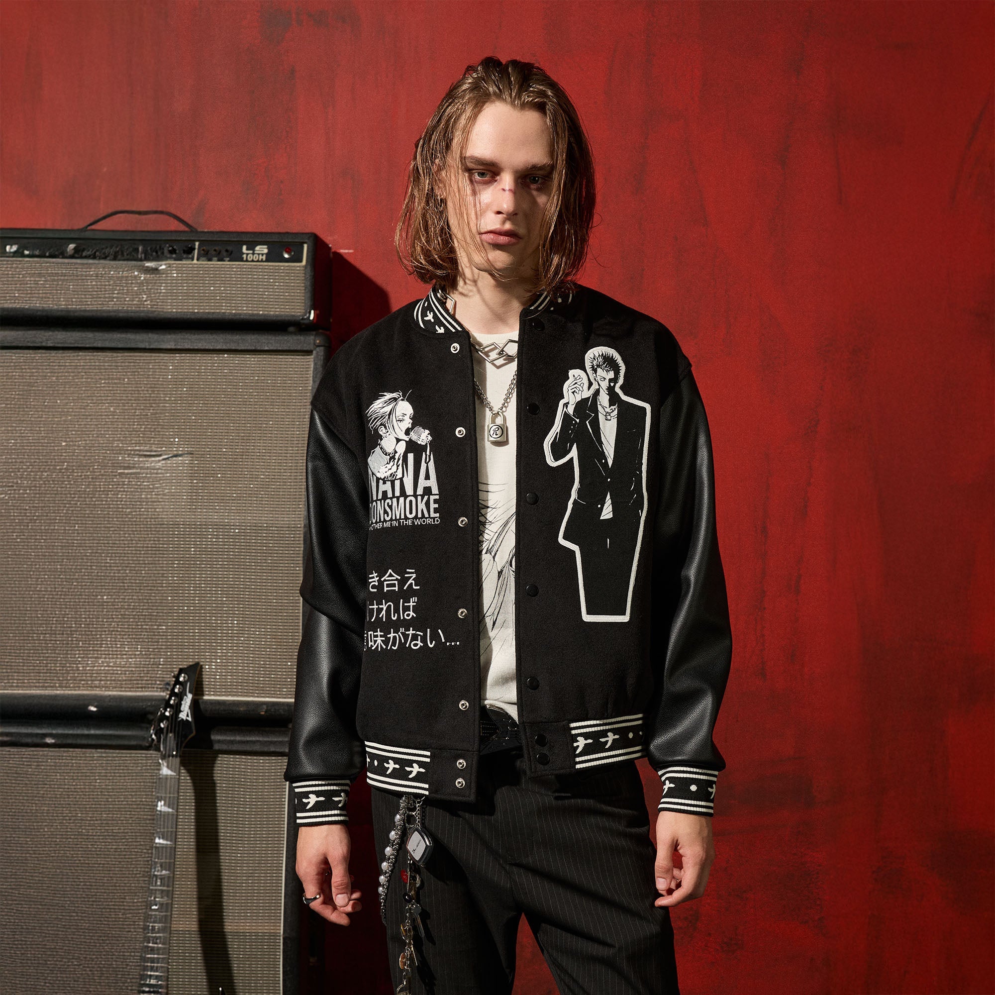 DONSMOKE × NANA PU Panel Anime Patch Varsity Jacket