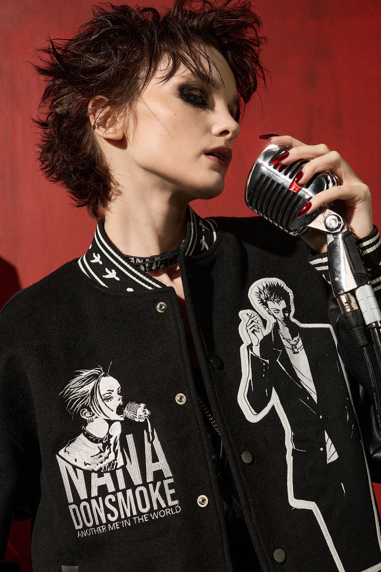DONSMOKE × NANA PU Panel Anime Patch Varsity Jacket