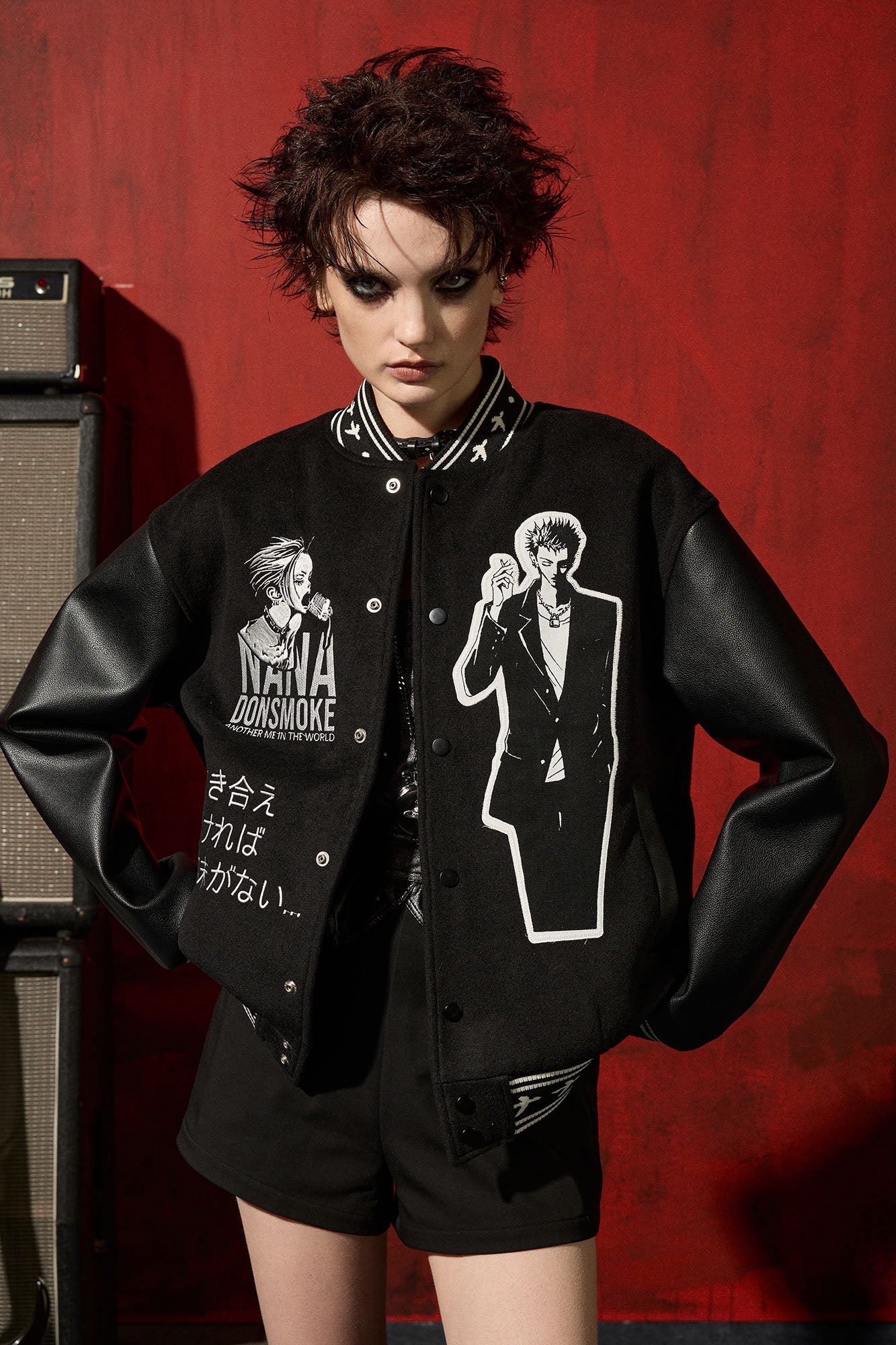 DONSMOKE × NANA PU Panel Anime Patch Varsity Jacket
