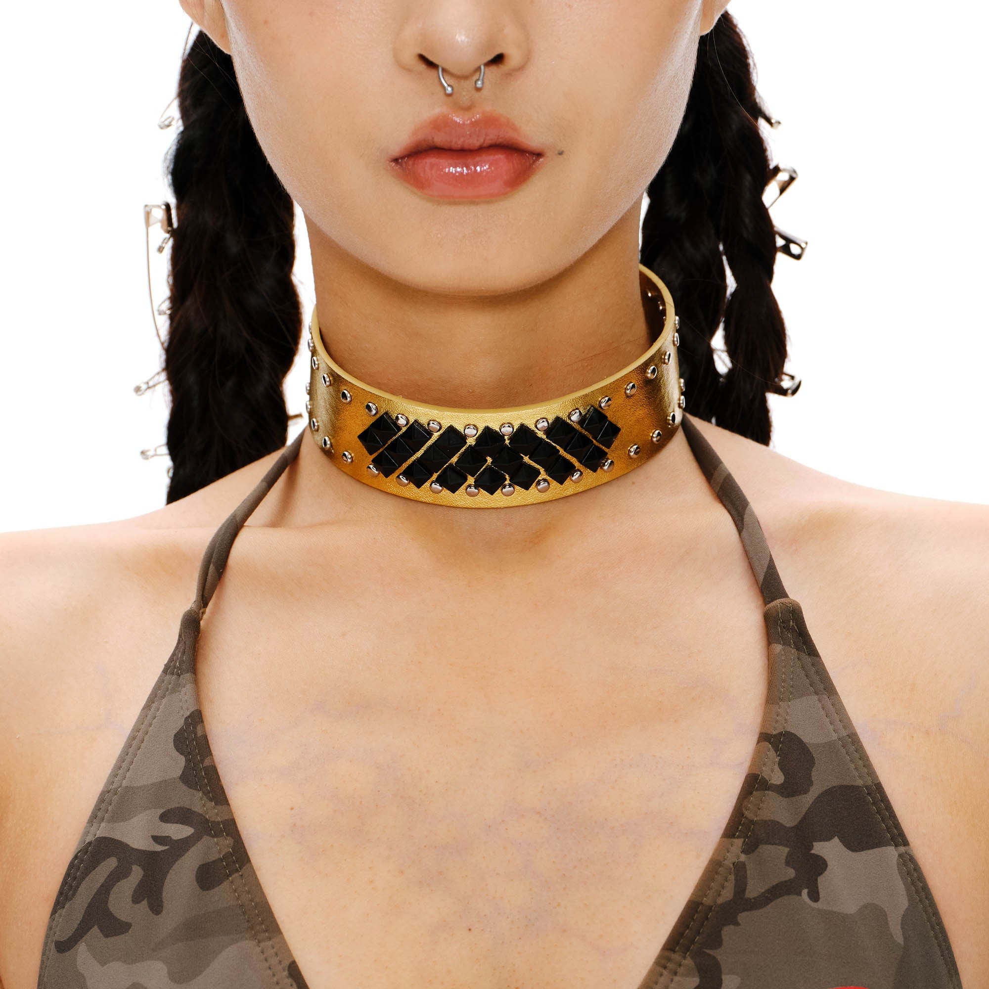 SCHWARZGOLD Studded Wide Faux Leather Choker, premium urban and streetwear designers apparel on PROJECTISR.com, SCHWARZGOLD