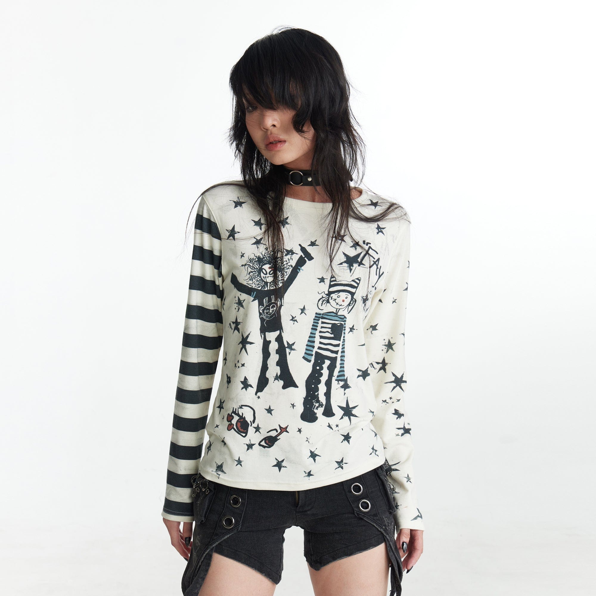 FAYCHUI Cartoon Graphic Stripe-Sleeve Long Sleeve Tee