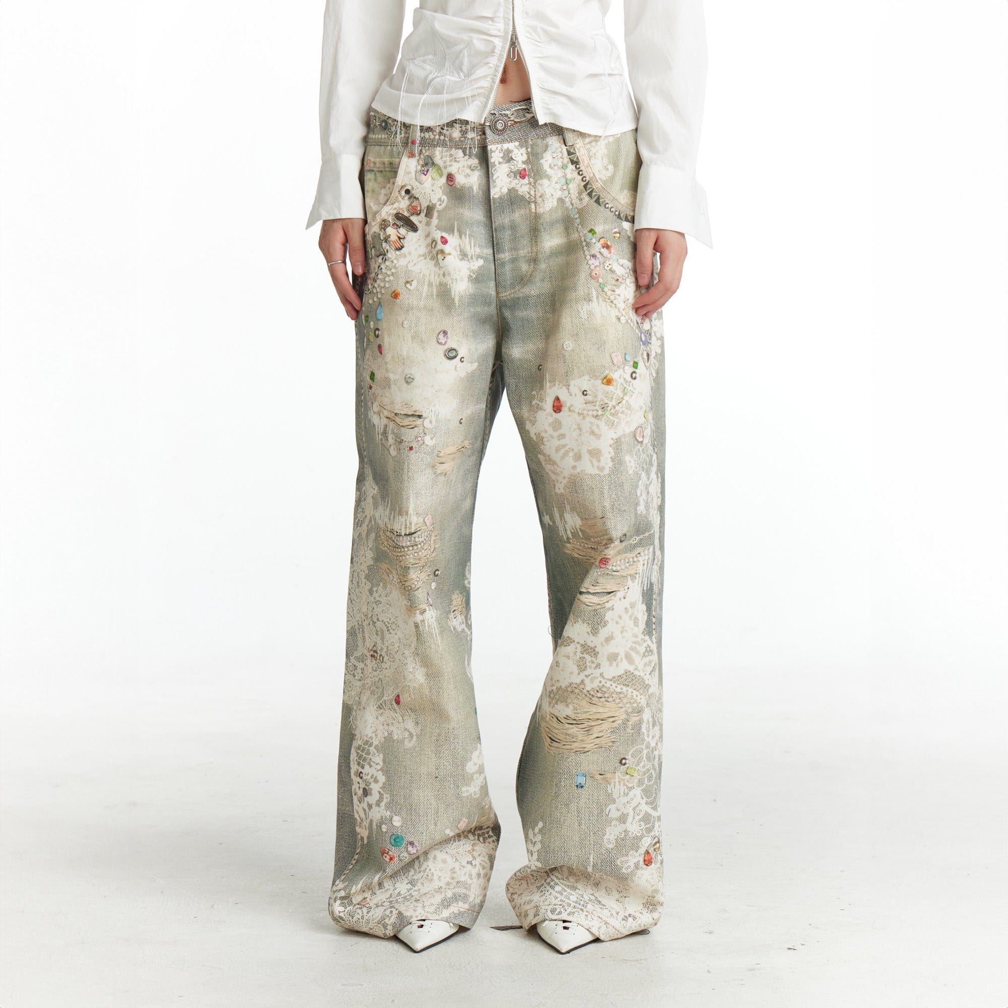 DND4DES×Faychui  Distressed Gem&Lace Jeans, premium urban and streetwear designers apparel on PROJECTISR.com, DND4DES