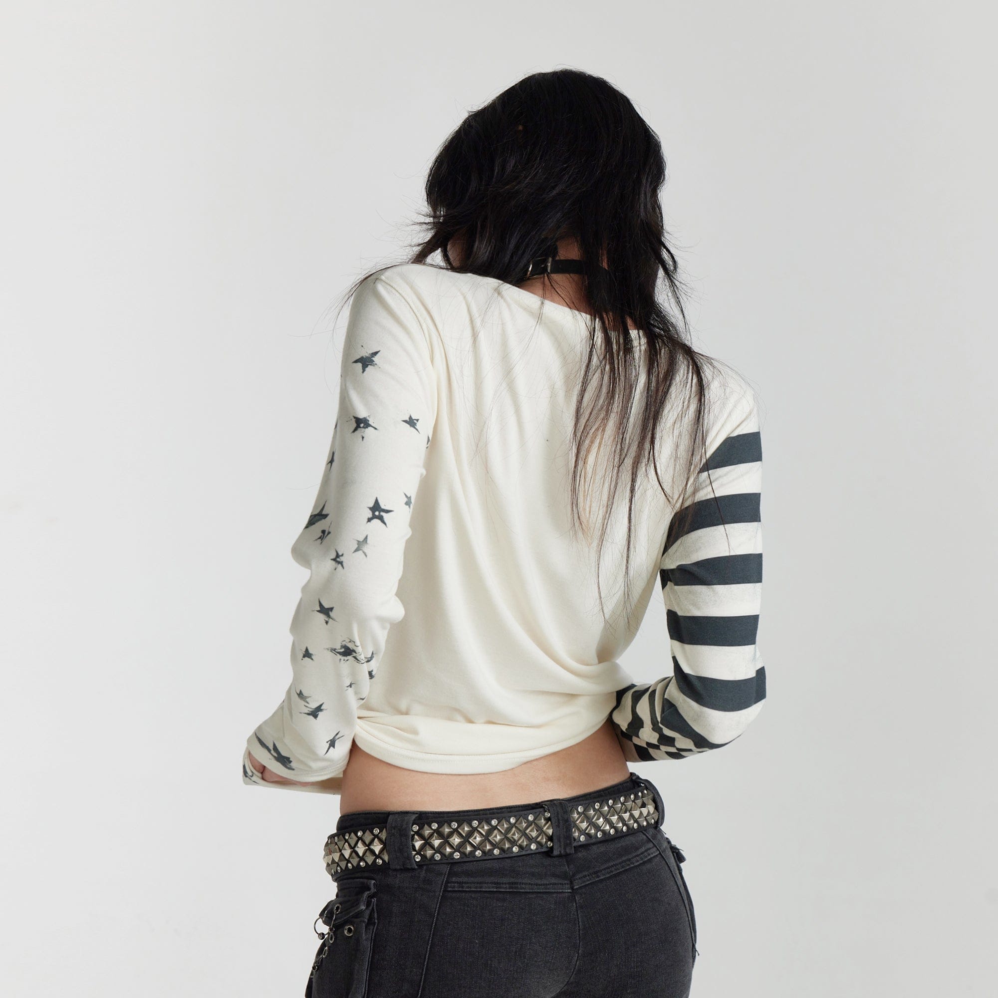 FAYCHUI Cartoon Graphic Stripe-Sleeve Long Sleeve Tee
