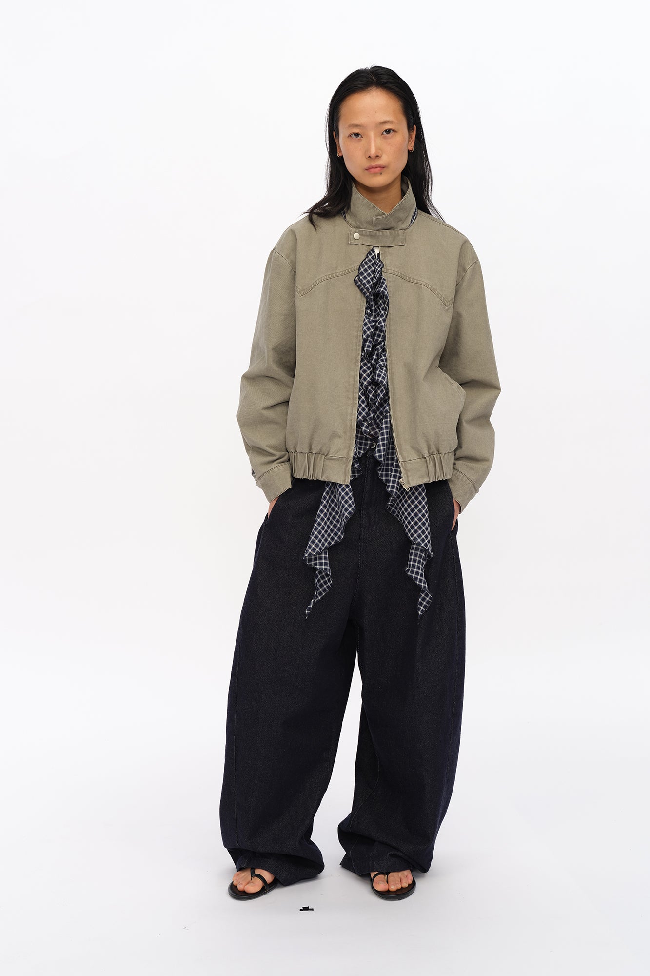 OINIMI Detachable Ruffle-Trim Harrington Jacket