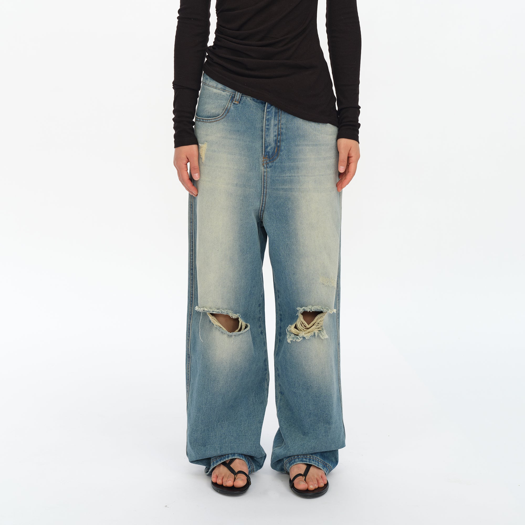 OINIMI Distressed Washed Wide-Leg Jeans