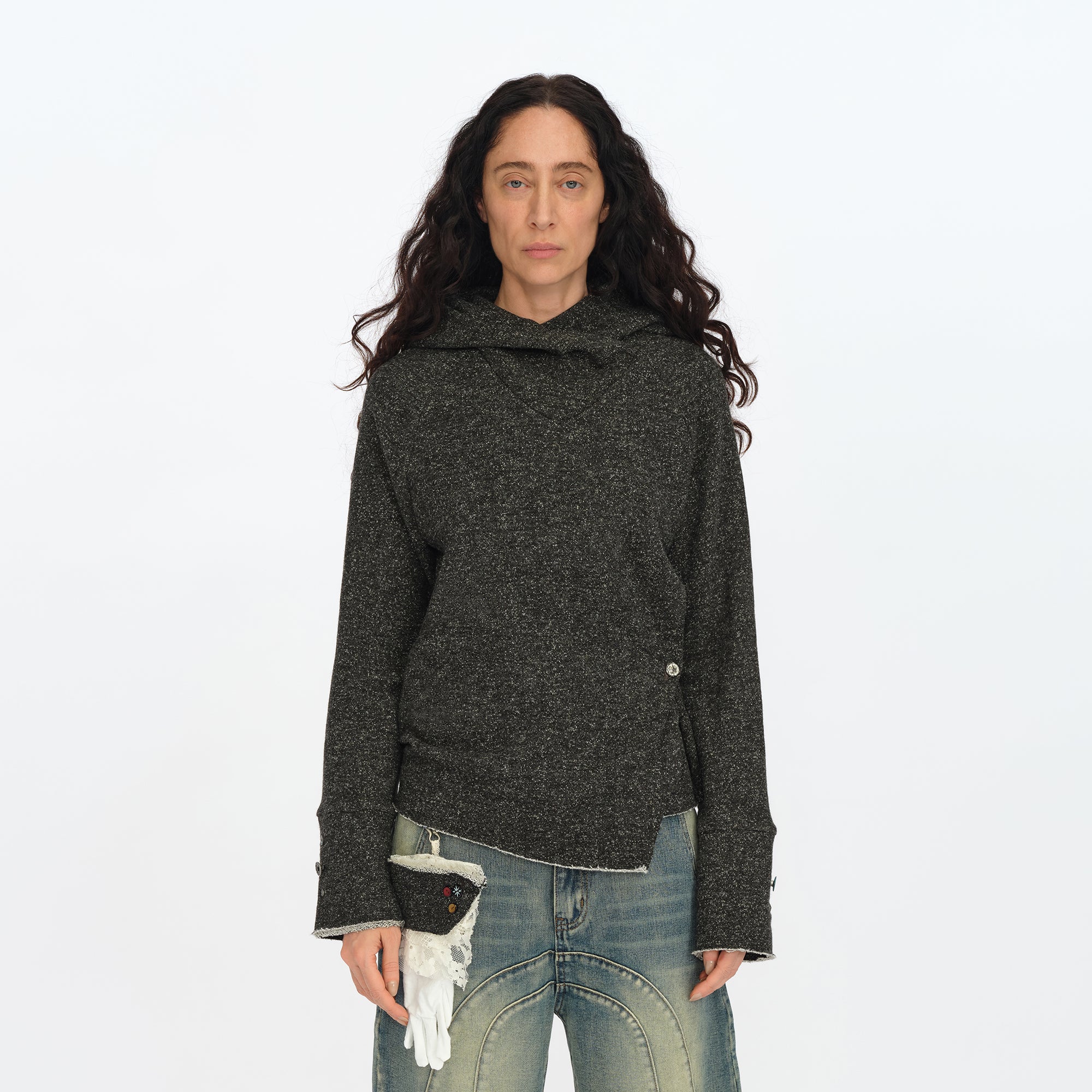 OINIMI Asymmetrical Cinched Speckled Hoodie