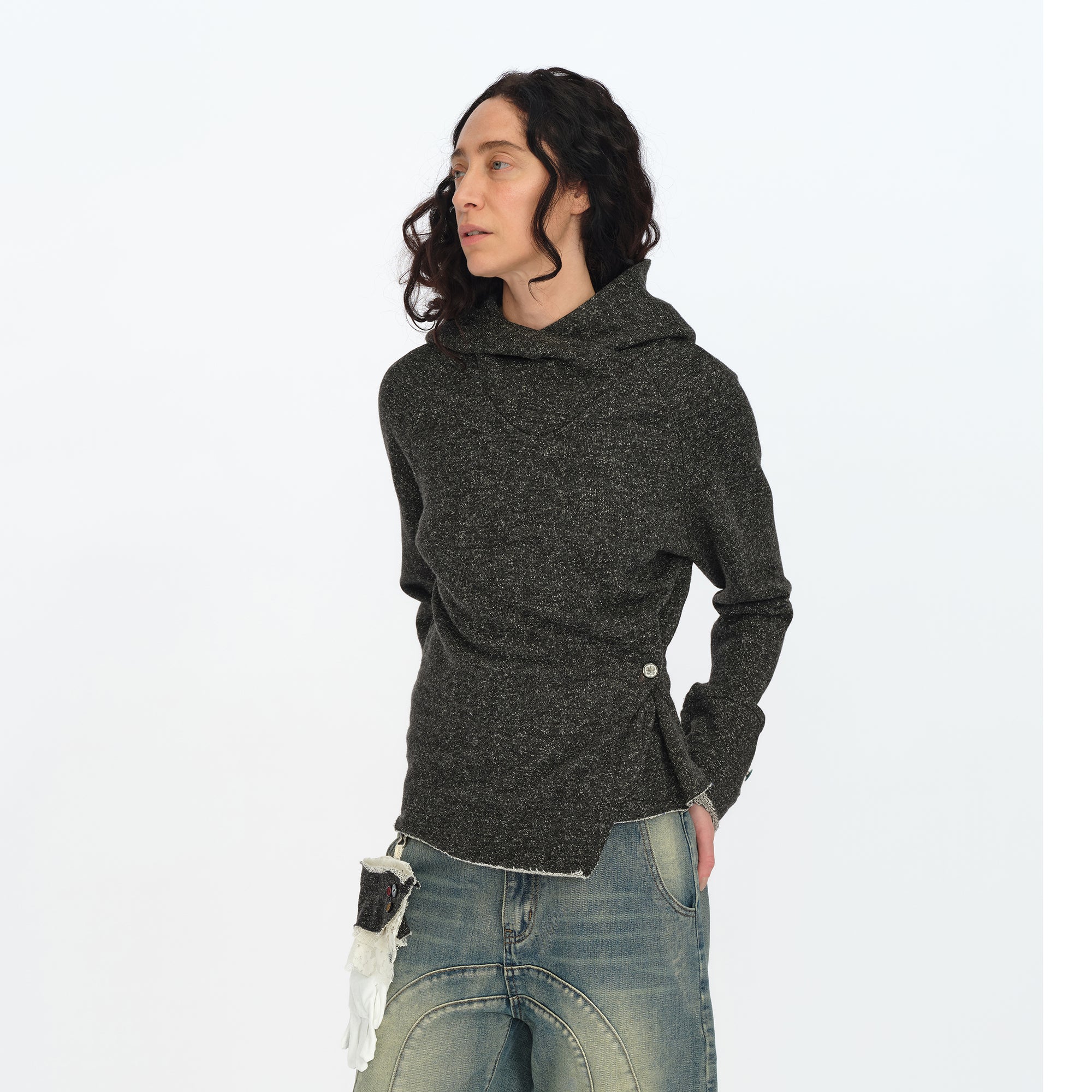 OINIMI Asymmetrical Cinched Speckled Hoodie